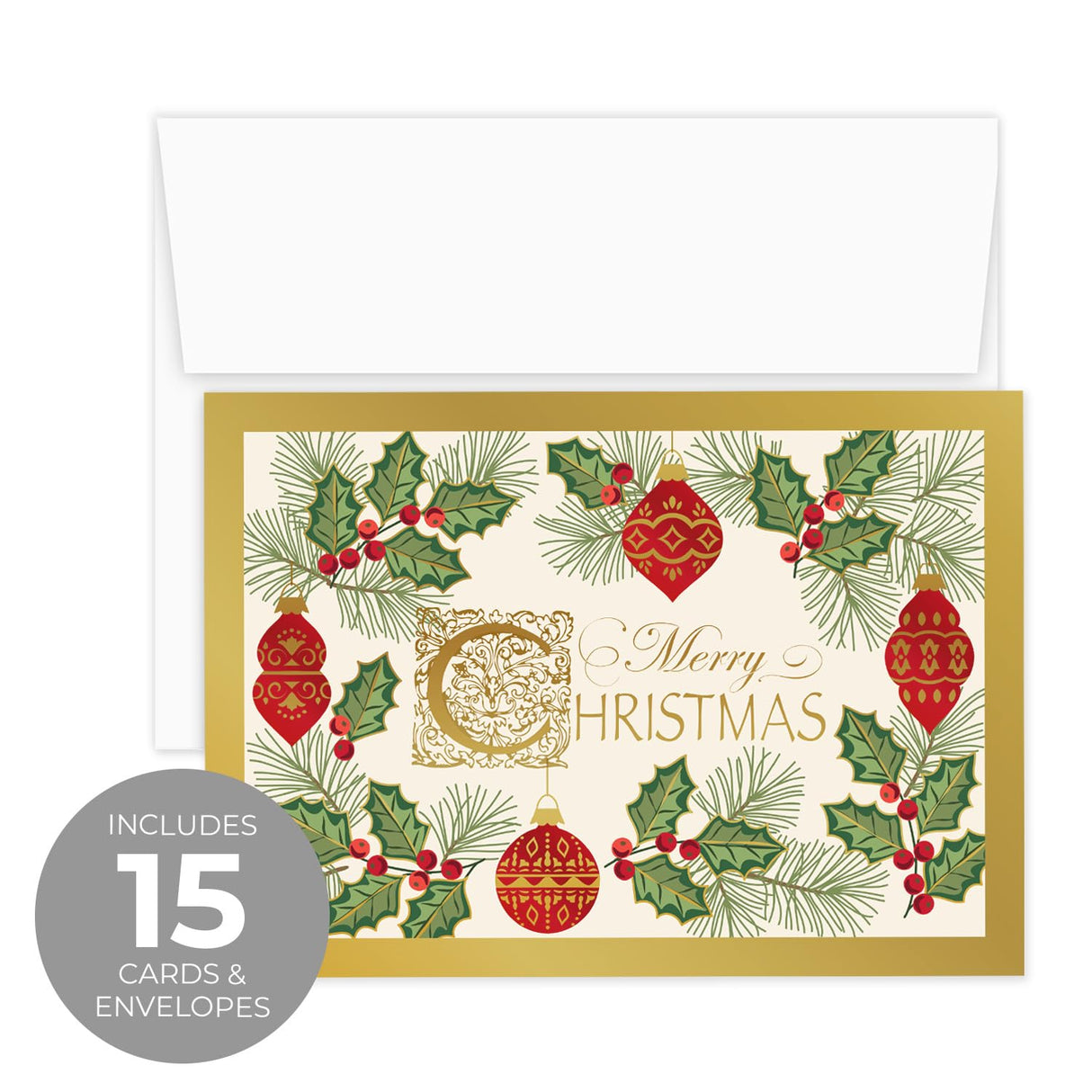 Masterpiece Sparkling Santa Christmas Cards / 16 Festive Holiday Cards Set With White Envelopes / 5 5/8" x 7 7/8" Winter Gold Foil Greeting Cards With Inside Verse/Made In The USA