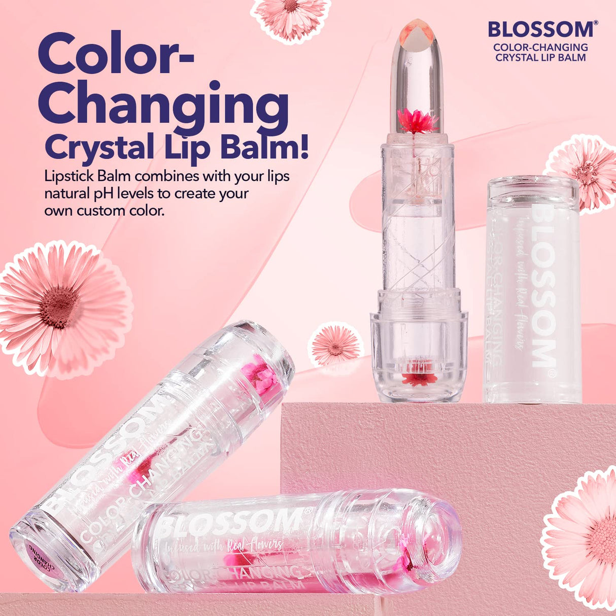 Blossom Moisturizing pH Color Changing Shimmering Lip Balm Sparkle Lip Stain Tint, Infused with Real Flowers, 3g, Electric Pink