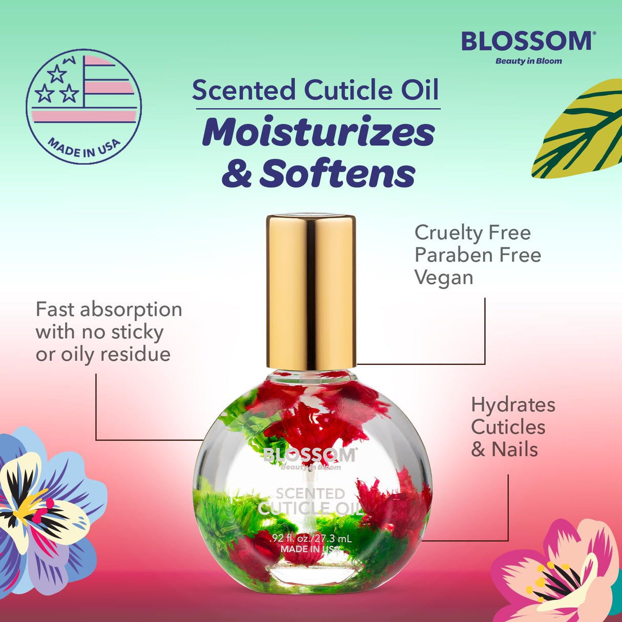 Blossom Scented Cuticle Oil, Infused with Real Flowers, Hydrating, Moisturizing, Strengthening, Made in USA, 0.5 fl. oz, Amazon Exclusive, Watermelon