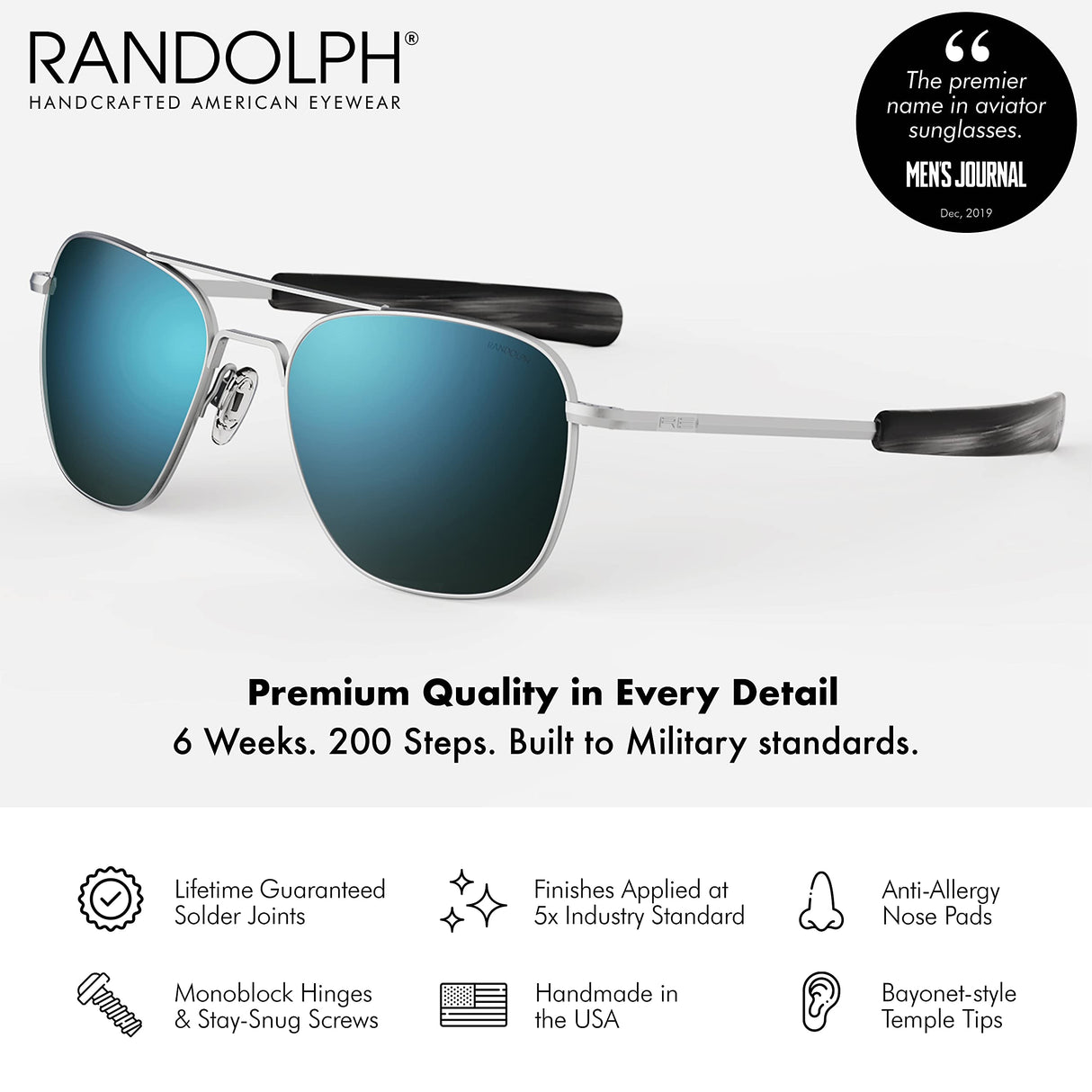 Mens or Womens Aviator Sunglasses, Matte Chrome, Classic, Polarized and Non-Polarized with UV Protection by Randolph USA