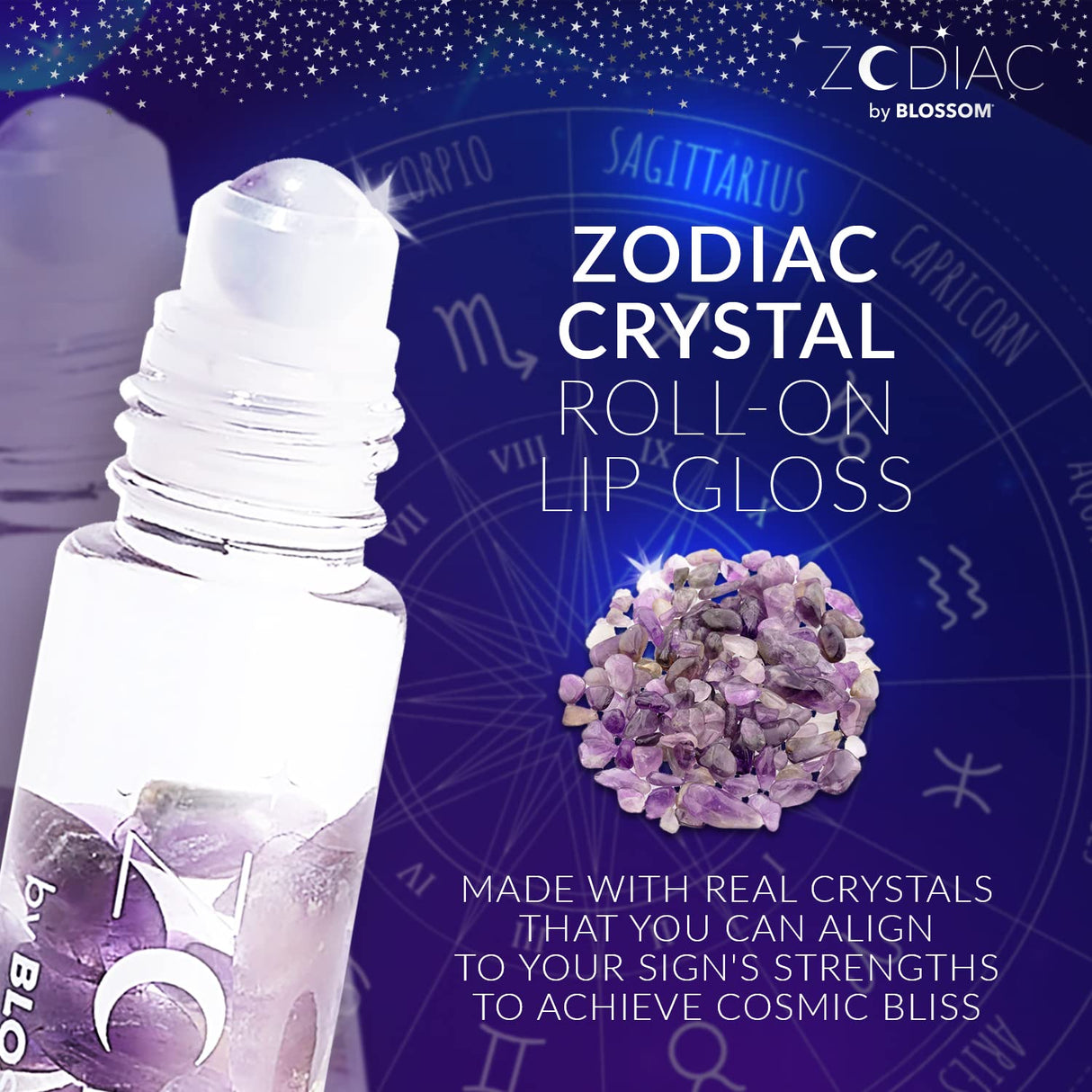 Blossom Zodiac Sign Roll-On Lip Gloss, Vanilla Scented + Moisturizing with Crystals, Made in USA, 0.20 fl. oz./5.9ml, Aquarius