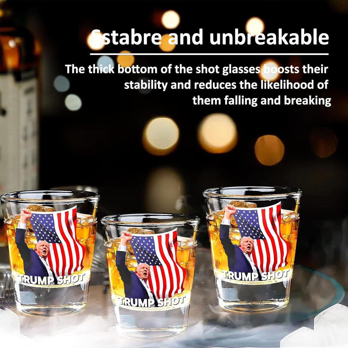 Trump Shot Glass - 4Pc Set with Assassination Picture & Fist Pump, Perfect for Political Enthusiasts, Collectible for Trump 2024 - Holds 1.70 oz, Exclusive Limited Edition Design