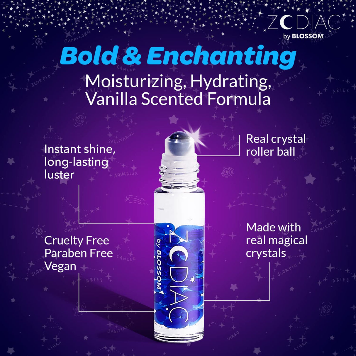 Blossom Zodiac Sign Roll-On Lip Gloss, Vanilla Scented + Moisturizing with Crystals, Made in USA, 0.20 fl. oz./5.9ml, Aquarius