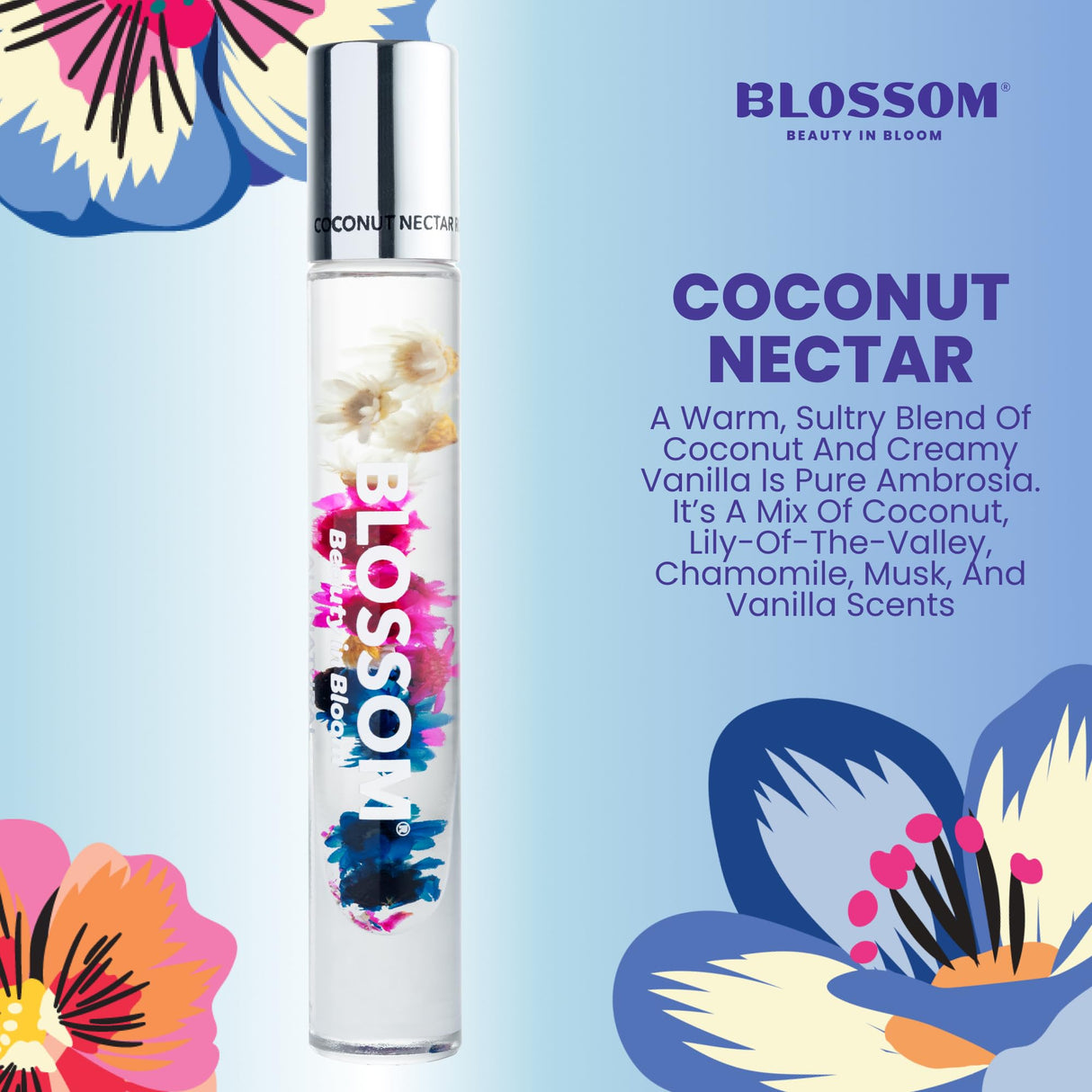 Blossom Roll on Perfume Oil for Women, Alcohol Free Rollerball Perfume with Essential Oil, Infused with Real Flowers, Made in USA, 0.20 oz (Lemon, Bergamot, Violet, White Musk), Cactus Flower
