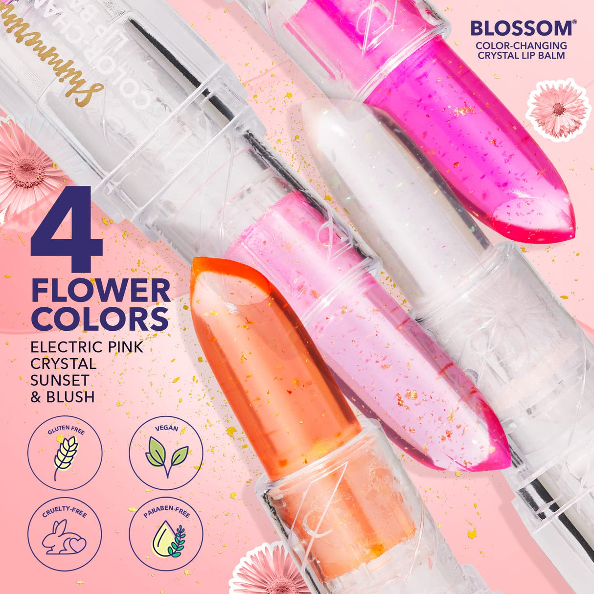 Blossom Moisturizing pH Color Changing Shimmering Lip Balm Sparkle Lip Stain Tint, Infused with Real Flowers, 3g, Electric Pink
