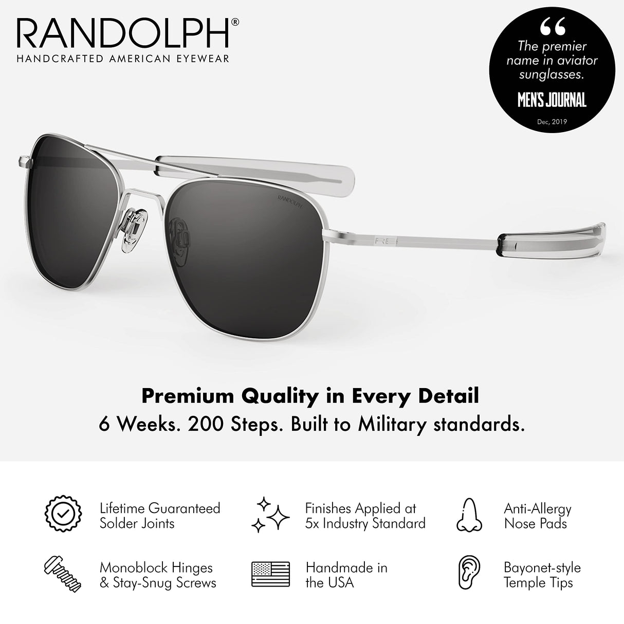 Mens or Womens Aviator Sunglasses, Matte Chrome, Classic, Polarized and Non-Polarized with UV Protection by Randolph USA