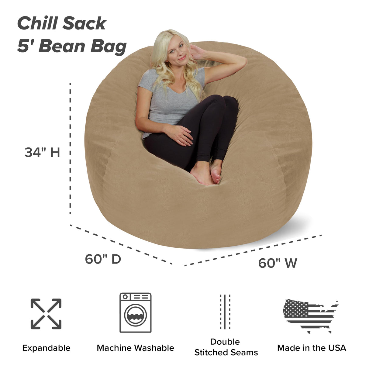 Chill Sack Bean Bag Chair: Giant 5' Memory Foam Furniture Bean Bag - Big Sofa with Soft Micro Fiber Cover - Black