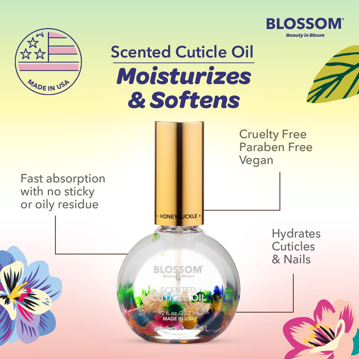 Blossom Scented Cuticle Oil, Infused with Real Flowers, Hydrating, Moisturizing, Strengthening, Made in USA, 0.5 fl. oz, Amazon Exclusive, Watermelon
