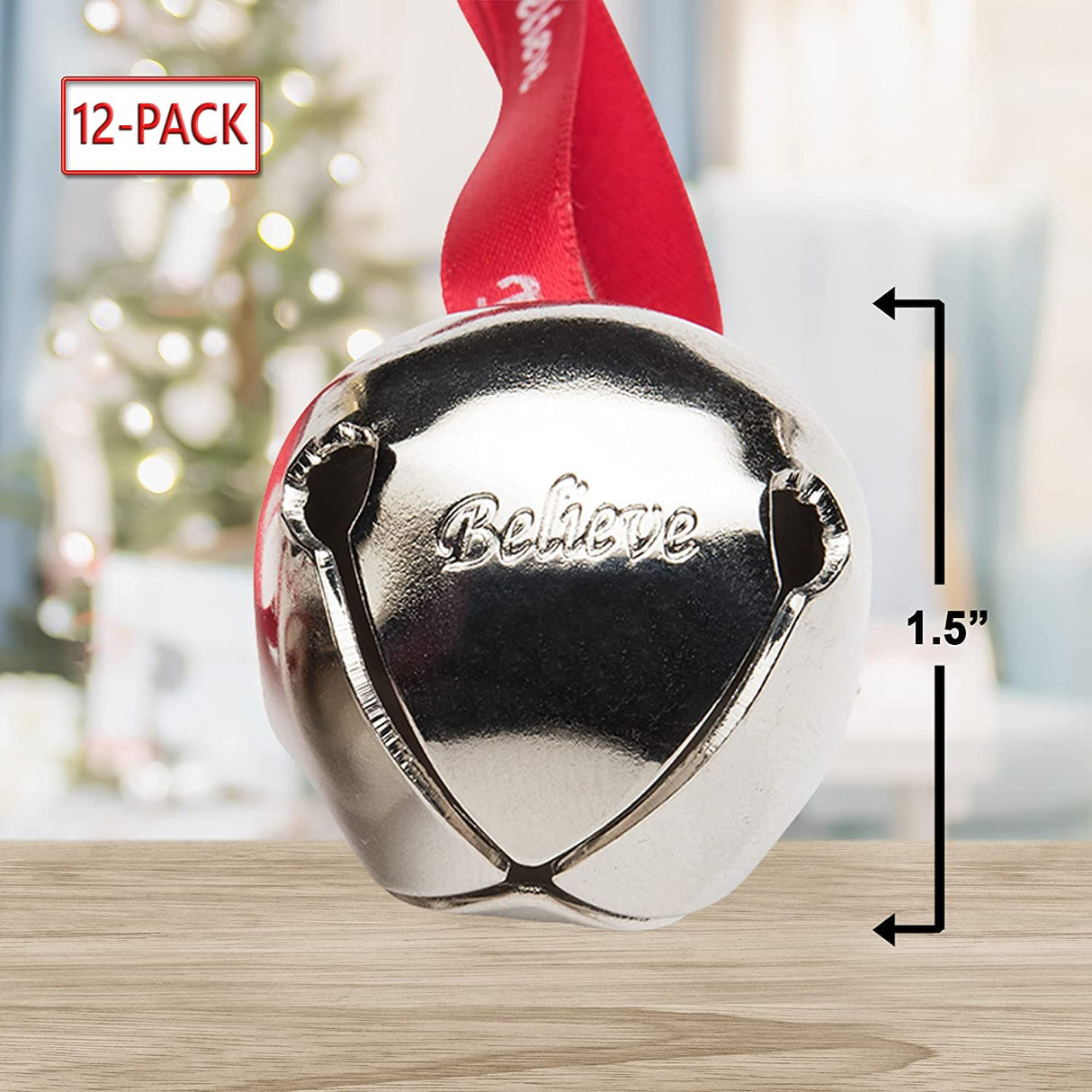 Bevin Bells Believe Sleigh Bells Ornament (3-Pack) | 1.5" Made of Steel | Hanging Bells with a Red Satin Believe Ribbon | Great Tone | Xmas Gift or Stocking Stuffer | Made in The USA
