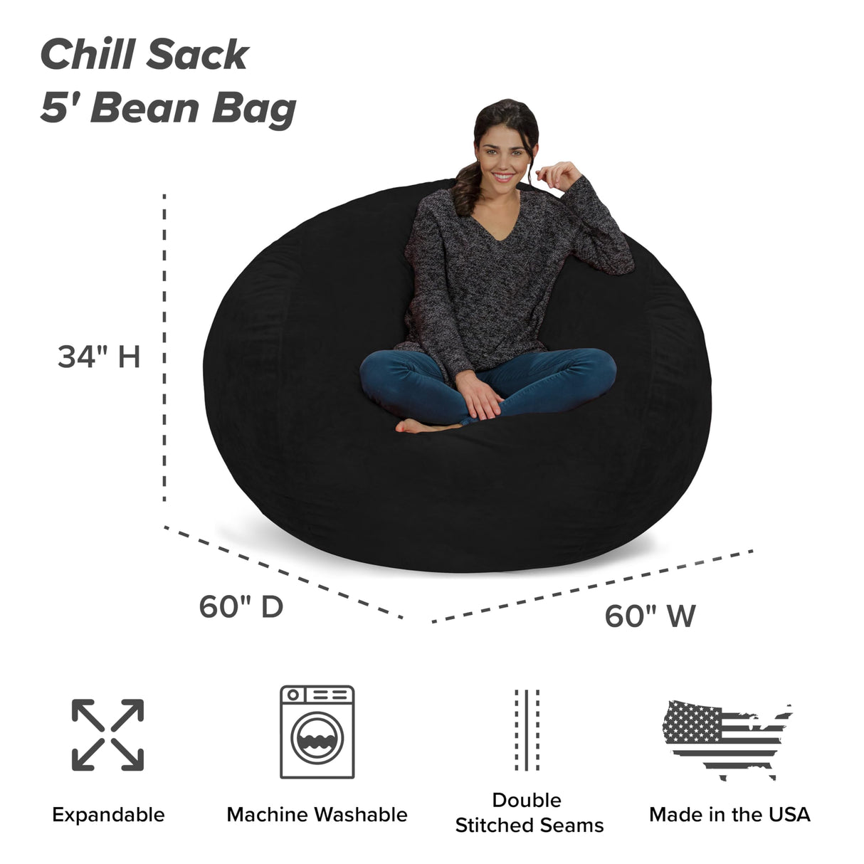 Chill Sack Bean Bag Chair: Giant 5' Memory Foam Furniture Bean Bag - Big Sofa with Soft Micro Fiber Cover - Black