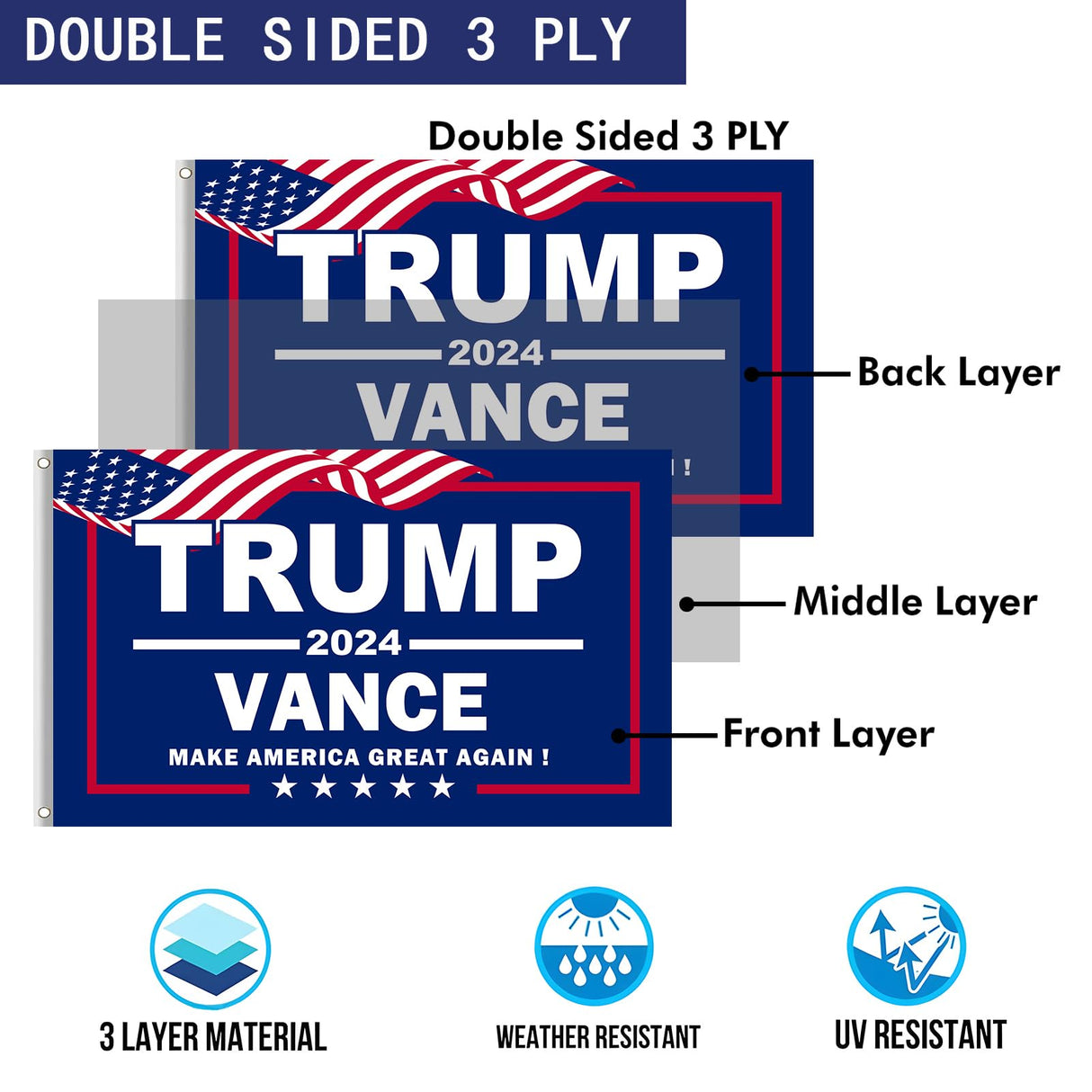 Trump Vance 2024 Flags 3x5 Outdoor made in usa Double Sided 3 Ply Heavy Duty Trump 2024 Flags Banner for Outside with 2 Brass Grommets UV protection Fade Resistant for Indoor Outdoor Decorations