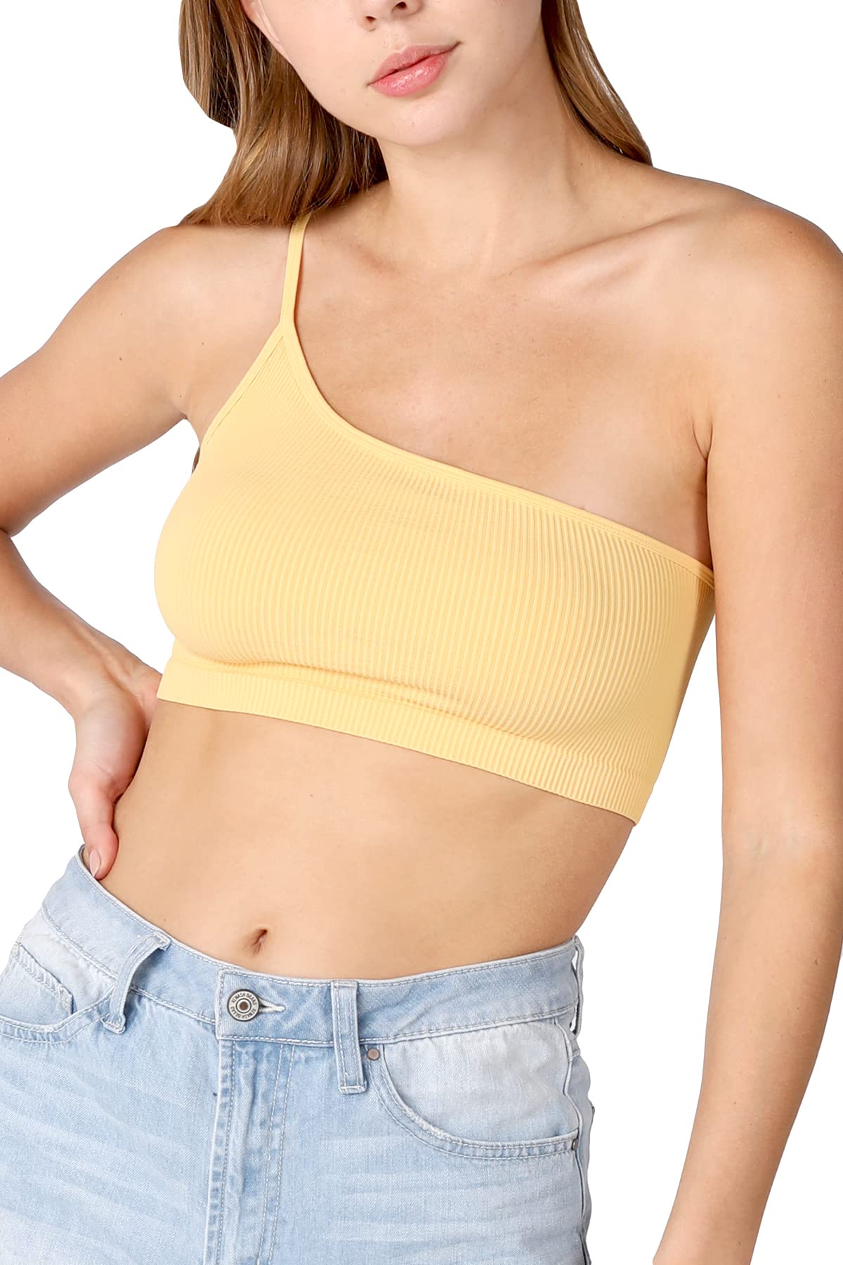 NIKIBIKI Women Seamless One Shoulder Ribbed Bralette, Made in U.S.A, One Size