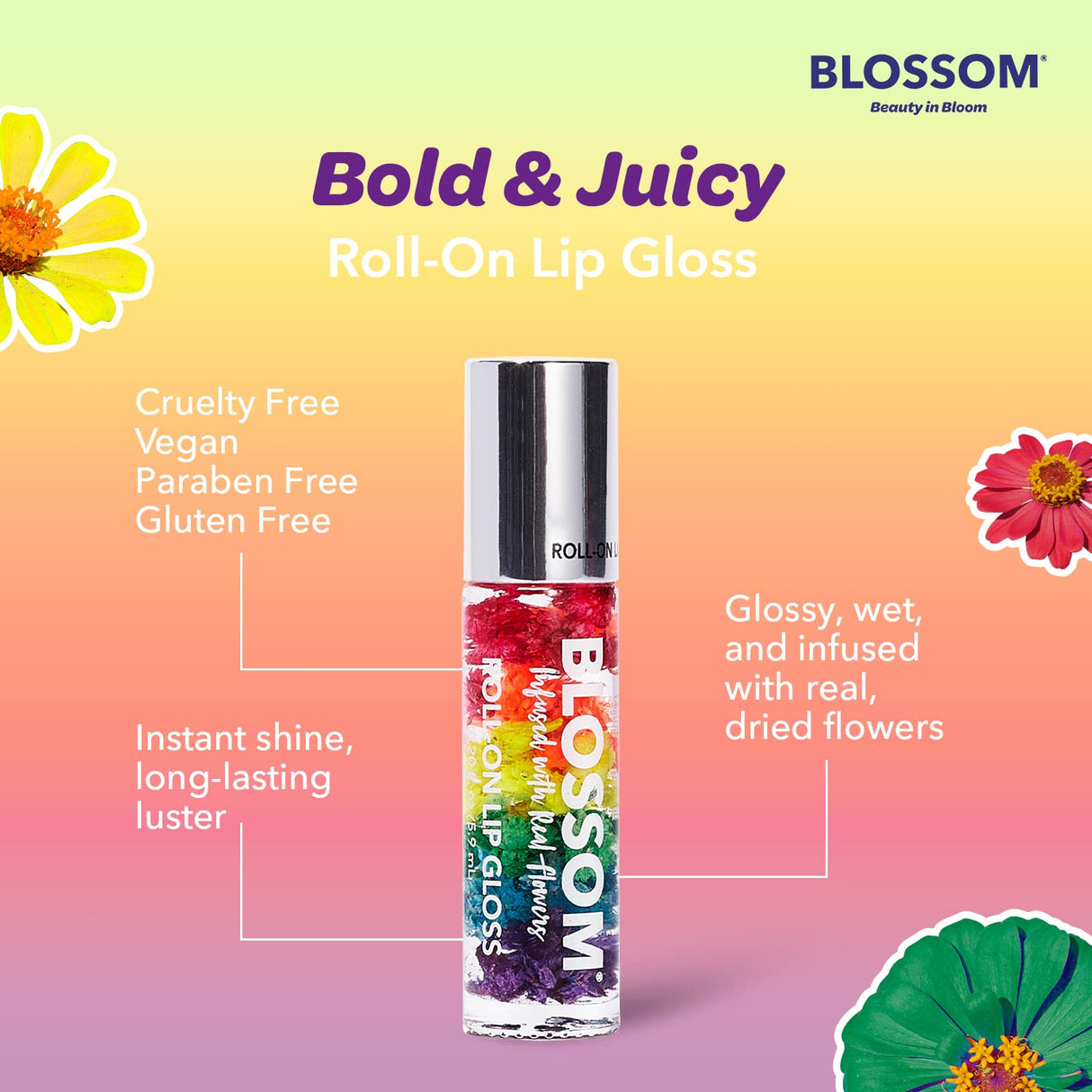 Blossom Scented Roll on Lip Gloss, Infused with Real Flowers, Made in USA, 0.20 fl. oz./5.9ml, Watermelon