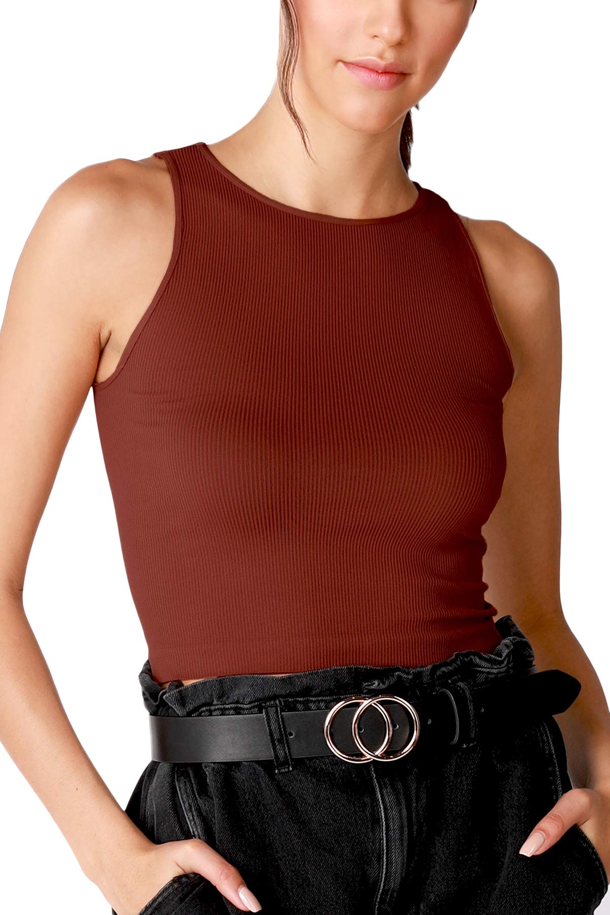 NIKIBIKI Women Seamless High Neck Ribbed Crop Top, Made in U.S.A, One Size