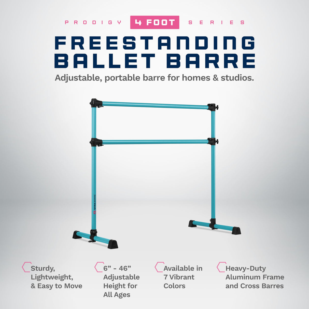 VITA Barre Portable Freestanding Double Ballet Barre, Prodigy, Aluminum | Adjustable Height, USA Made, Home or Gym Exercise Equipment for Kids & Adults | Dance, Fitness, Pilates