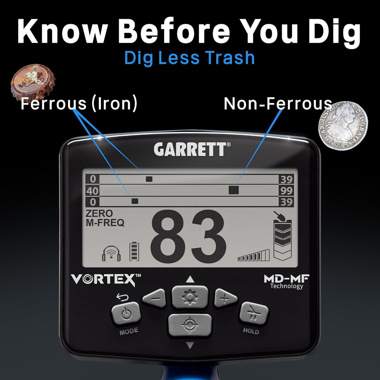 Garrett Vortex VX9 - Metal Detector for Adults Professional - MD-MF Technology - Waterproof to 16 ft, 8.5” x 11” Searchcoil, 7 Frequency Options, Three-Tiered Target ID Scales - Weighs 2.9 Pounds