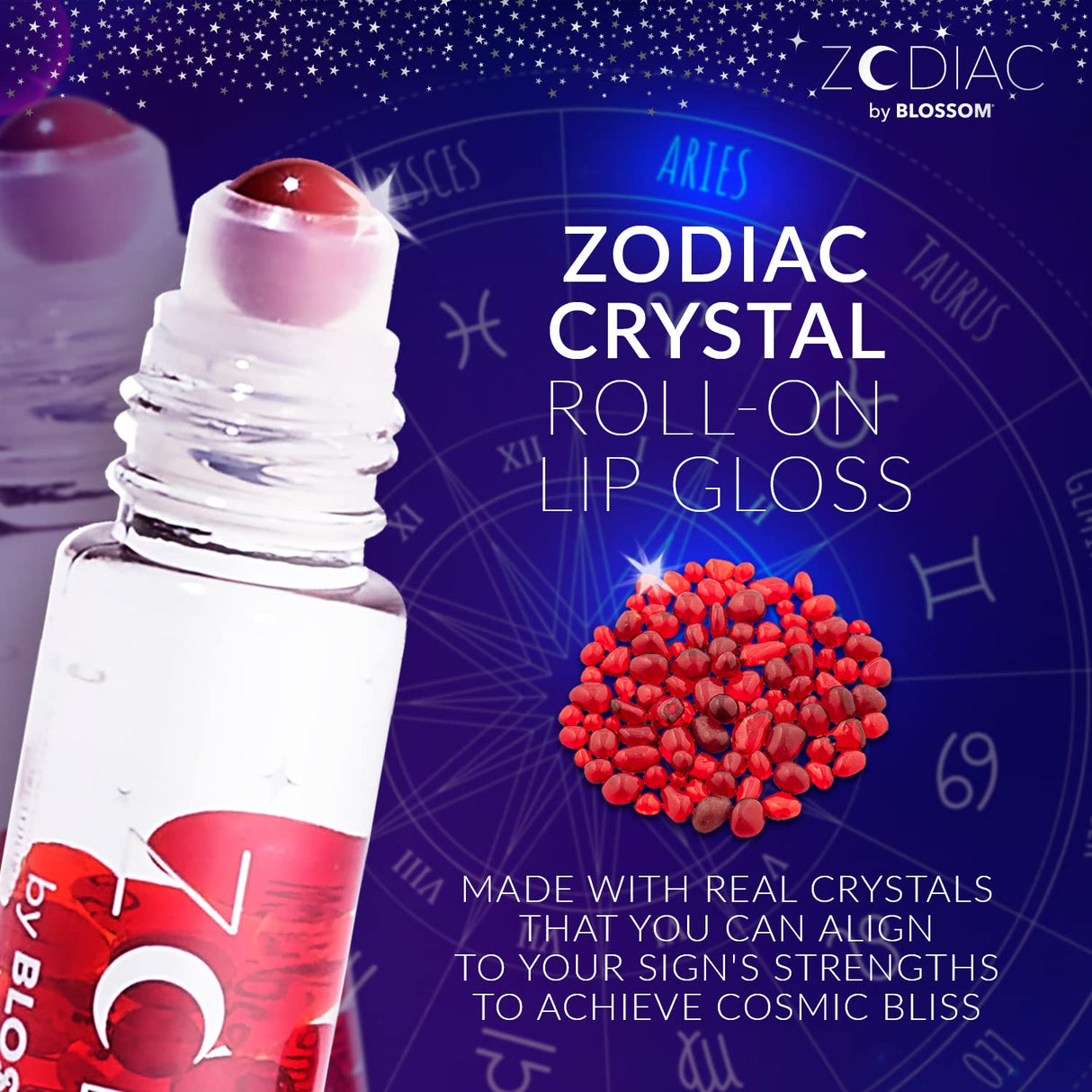 Blossom Zodiac Sign Roll-On Lip Gloss, Vanilla Scented + Moisturizing with Crystals, Made in USA, 0.20 fl. oz./5.9ml, Aquarius
