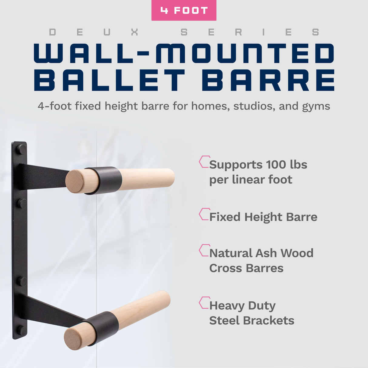 VITA Barre Wall-Mounted Double Ballet Barre, Deux, Wood | Fixed Height, Made in USA, Home, Studio or Gym Exercise Equipment for Kids & Adults | Dance, Fitness, Pilates