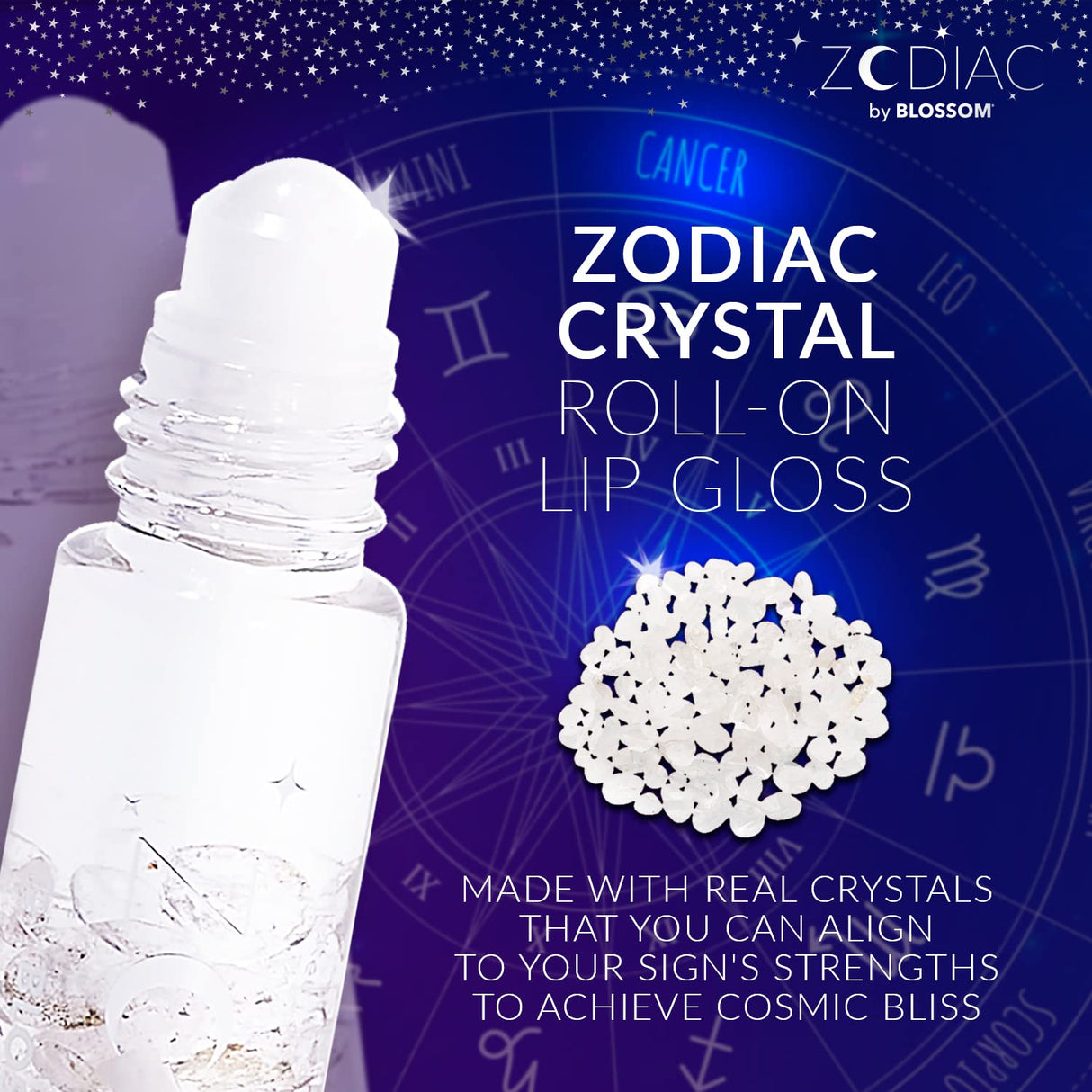 Blossom Zodiac Sign Roll-On Lip Gloss, Vanilla Scented + Moisturizing with Crystals, Made in USA, 0.20 fl. oz./5.9ml, Aquarius