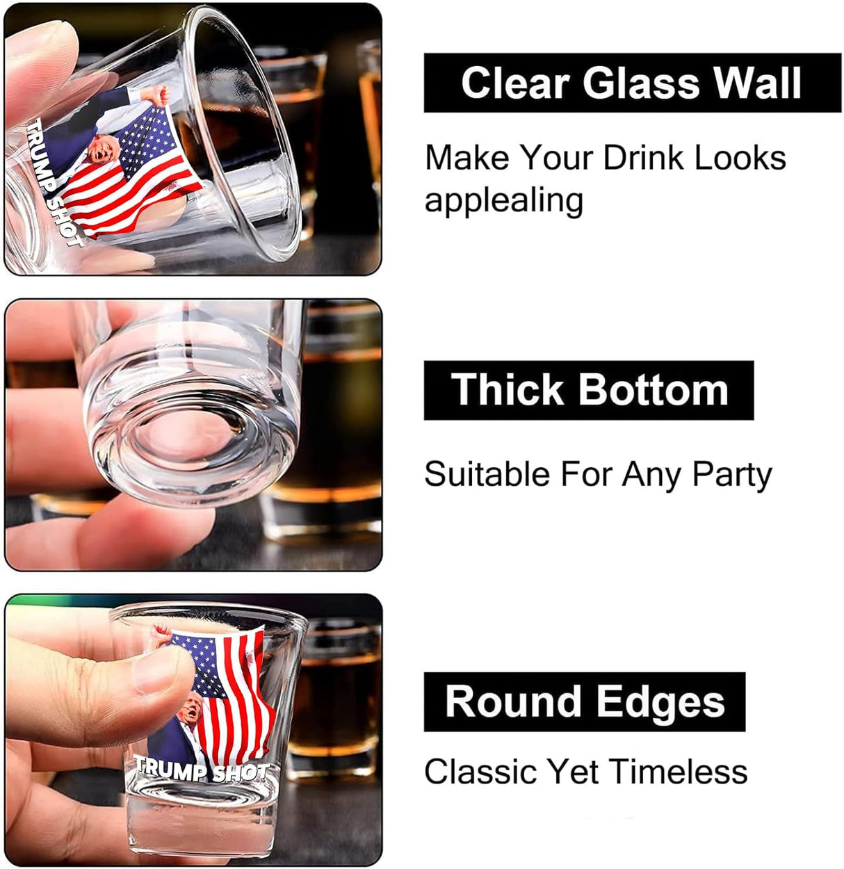 Trump Shot Glass - 4Pc Set with Assassination Picture & Fist Pump, Perfect for Political Enthusiasts, Collectible for Trump 2024 - Holds 1.70 oz, Exclusive Limited Edition Design