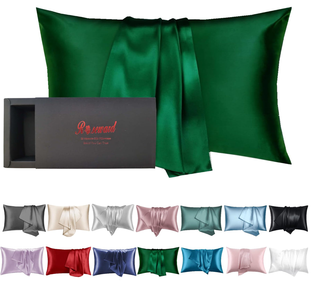 Oeko-TEX Certified Mulberry Silk Pillow Cases Green for Christmas Made in USA, 100% Silk Pillowcase with Zipper, 6A Grade 22 Momme Pure Silk Gift Set, 1 Pcs 20"x30" (Queen, Emerald)