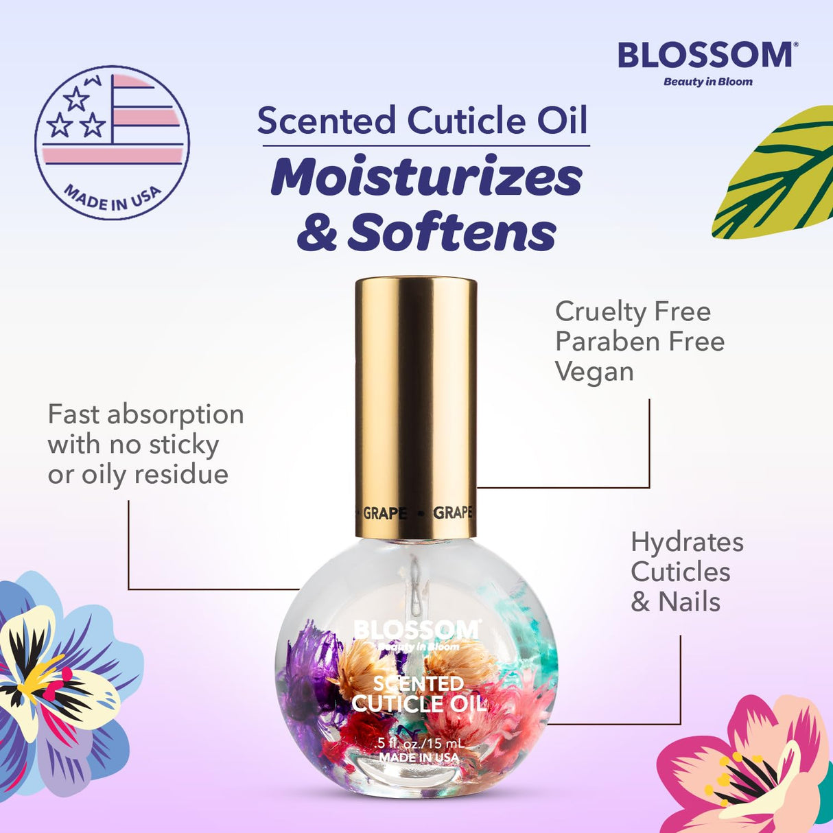 Blossom Scented Cuticle Oil, Infused with Real Flowers, Hydrating, Moisturizing, Strengthening, Made in USA, 0.5 fl. oz, Amazon Exclusive, Watermelon