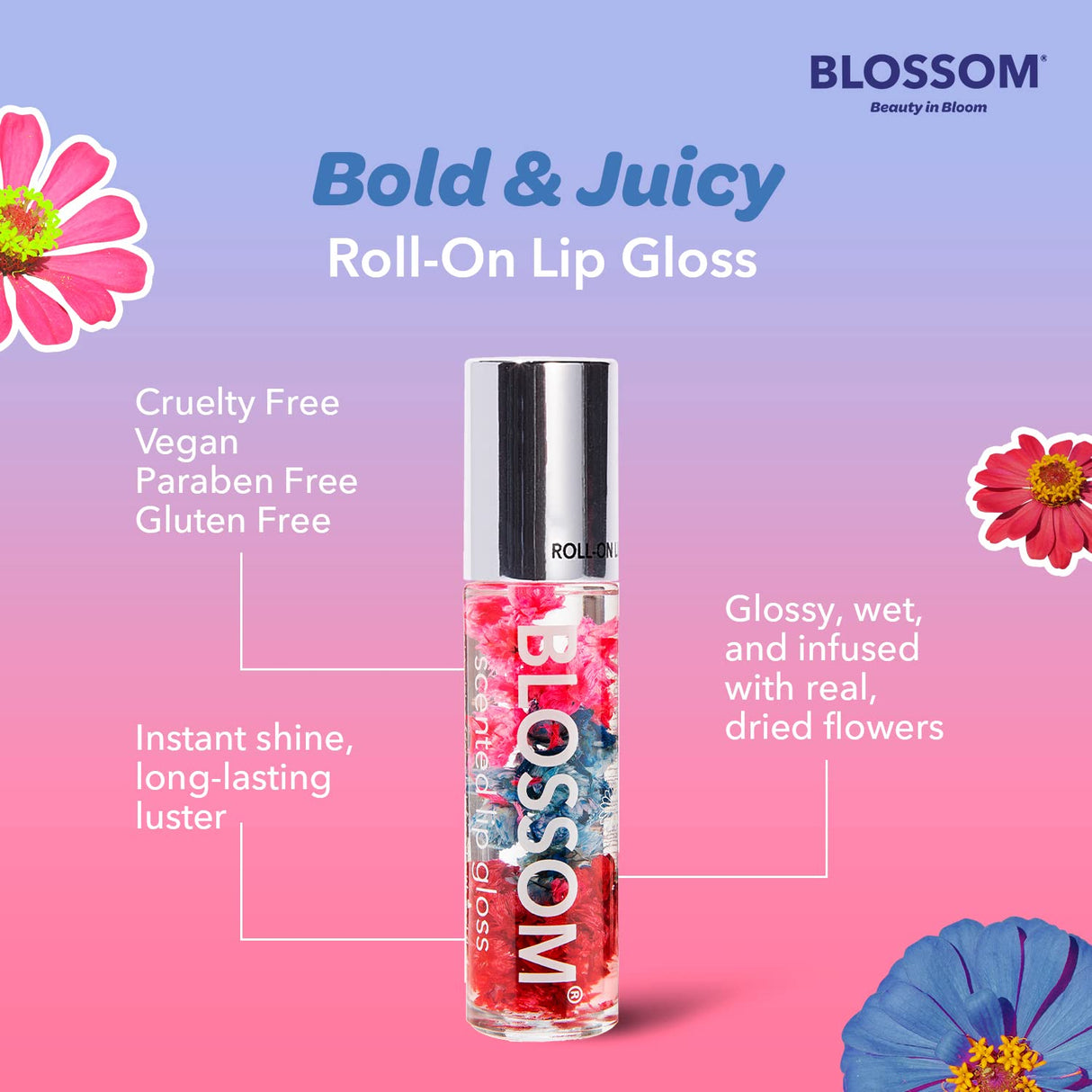 Blossom Scented Roll on Lip Gloss, Infused with Real Flowers, Made in USA, 0.20 fl. oz./5.9ml, Watermelon