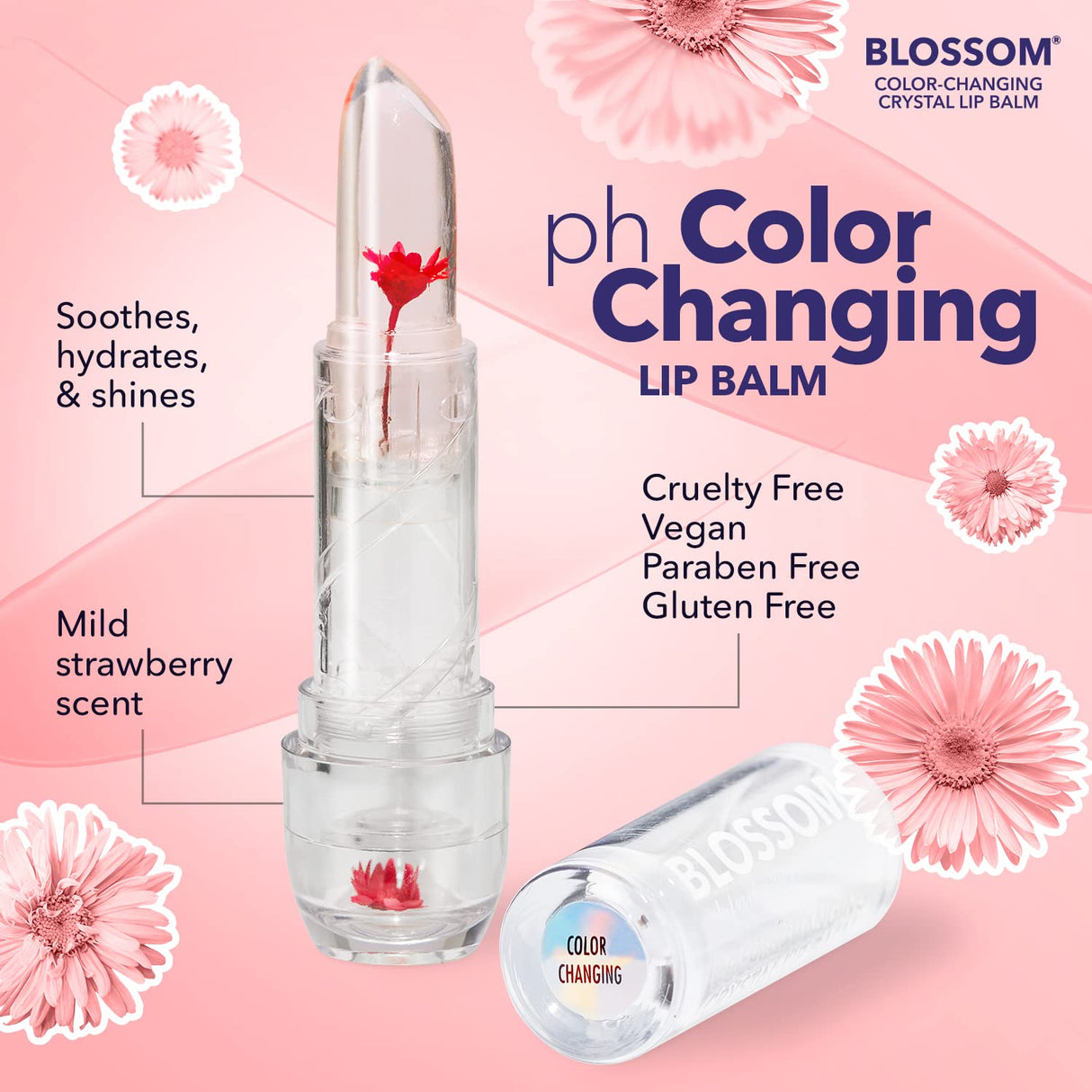 Blossom Moisturizing pH Color Changing Shimmering Lip Balm Sparkle Lip Stain Tint, Infused with Real Flowers, 3g, Electric Pink