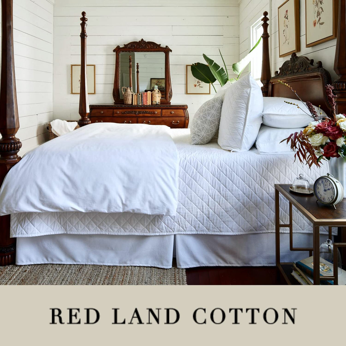 Red Land Cotton Luxury Sheet Set | 100% American Grown Cotton Basics | Premium Hotel Ultra-Soft Lightweight 4 Piece USA Made Deep Pocket Fitted, Flat Sheet, & Pillowcases Percale Weave (Queen/White)