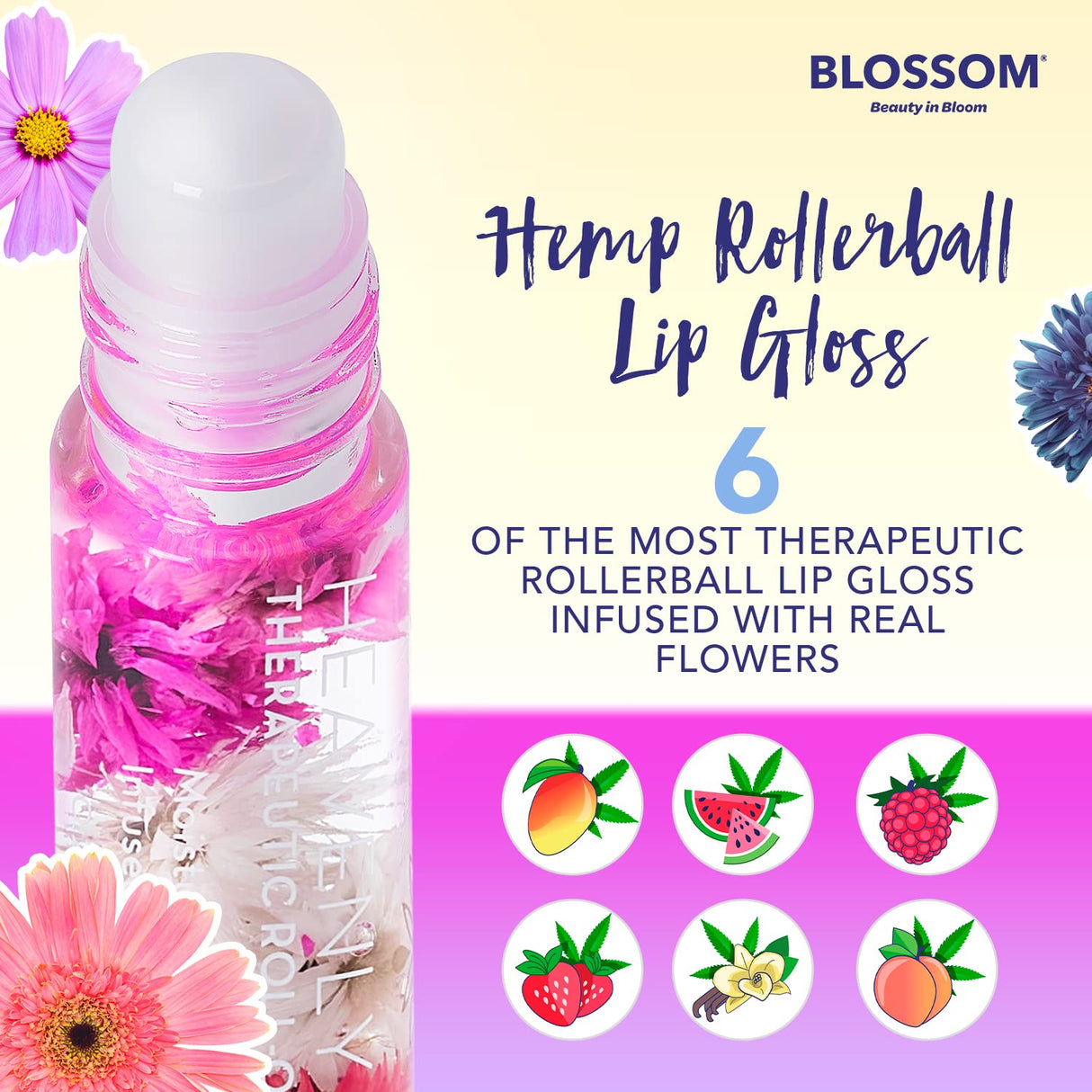 Blossom Scented Roll on Lip Gloss, Infused with Real Flowers, Made in USA, 0.20 fl. oz./5.9ml, Watermelon