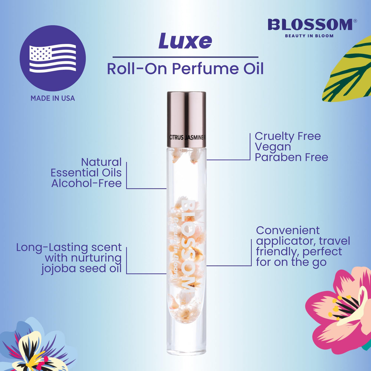 Blossom Roll on Perfume Oil for Women, Alcohol Free Rollerball Perfume with Essential Oil, Infused with Real Flowers, Made in USA, 0.20 oz (Lemon, Bergamot, Violet, White Musk), Cactus Flower