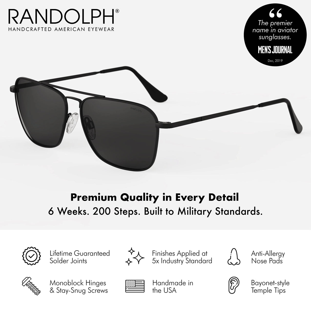 Randolph USA | Intruder Rectangular Classic Aviator Sunglasses for Men Non-Polarized 100% UV