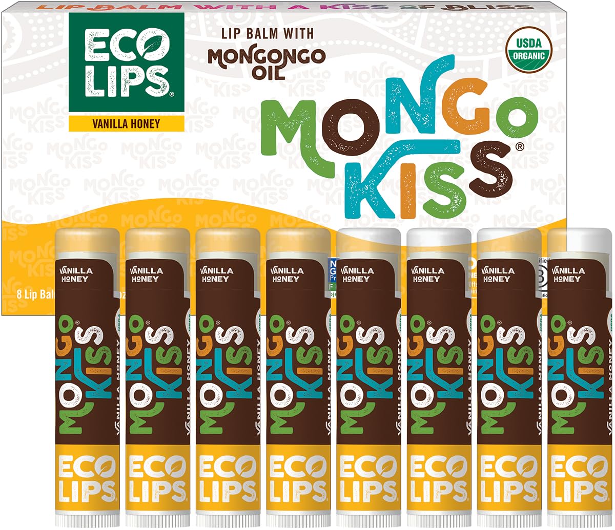 Eco Lips Mongo Kiss Certified Organic Lip Balm Variety 8-pack with Mongongo Oil & Cocoa Butter to Moisturize Dry Chapped Lips | Made in USA