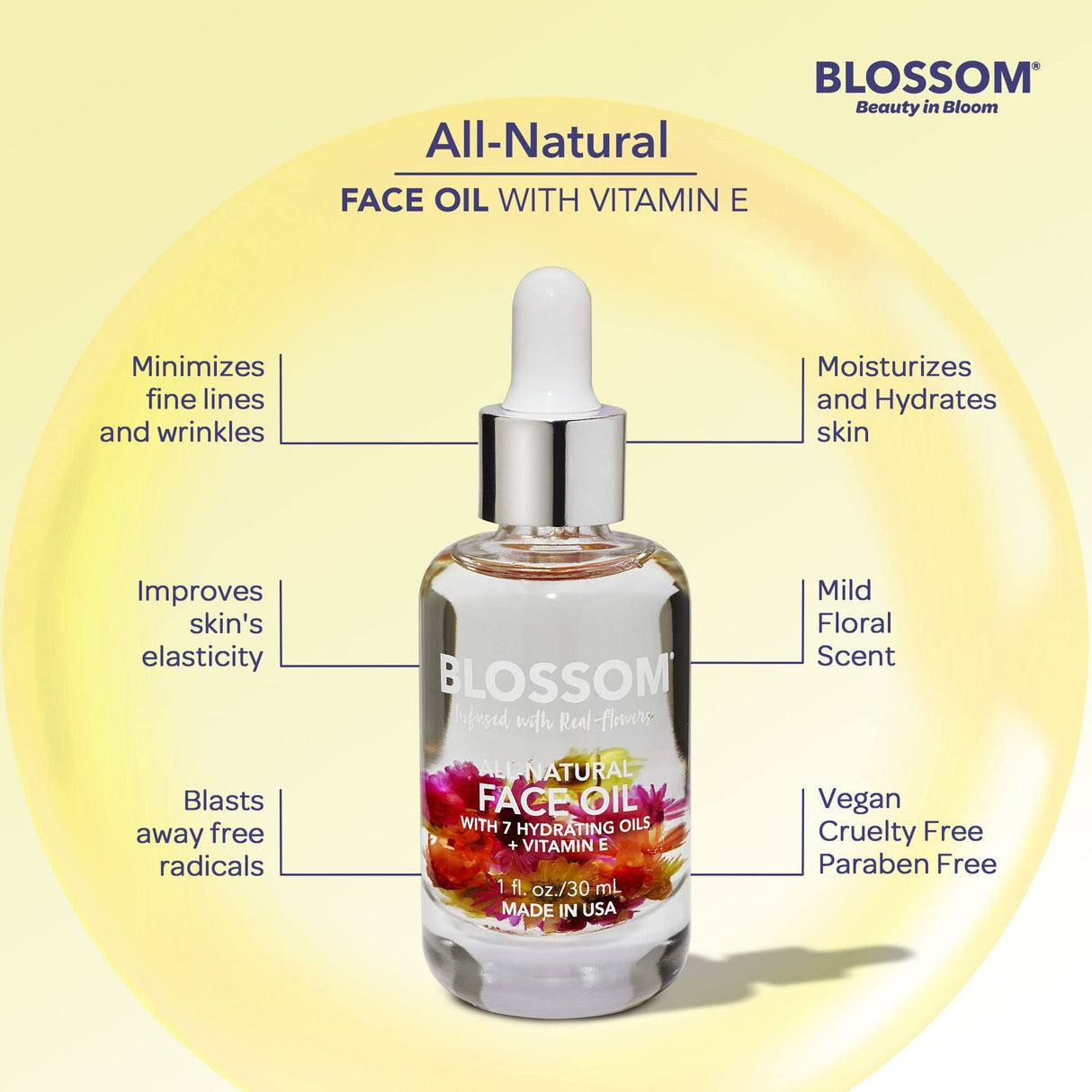 Blossom Unscented All Natural, Vegan, Cruelty Free Face Oil with Vitamin E, Infused with Real Flowers, Made in USA, 1 fl. oz., Spring Bouquet