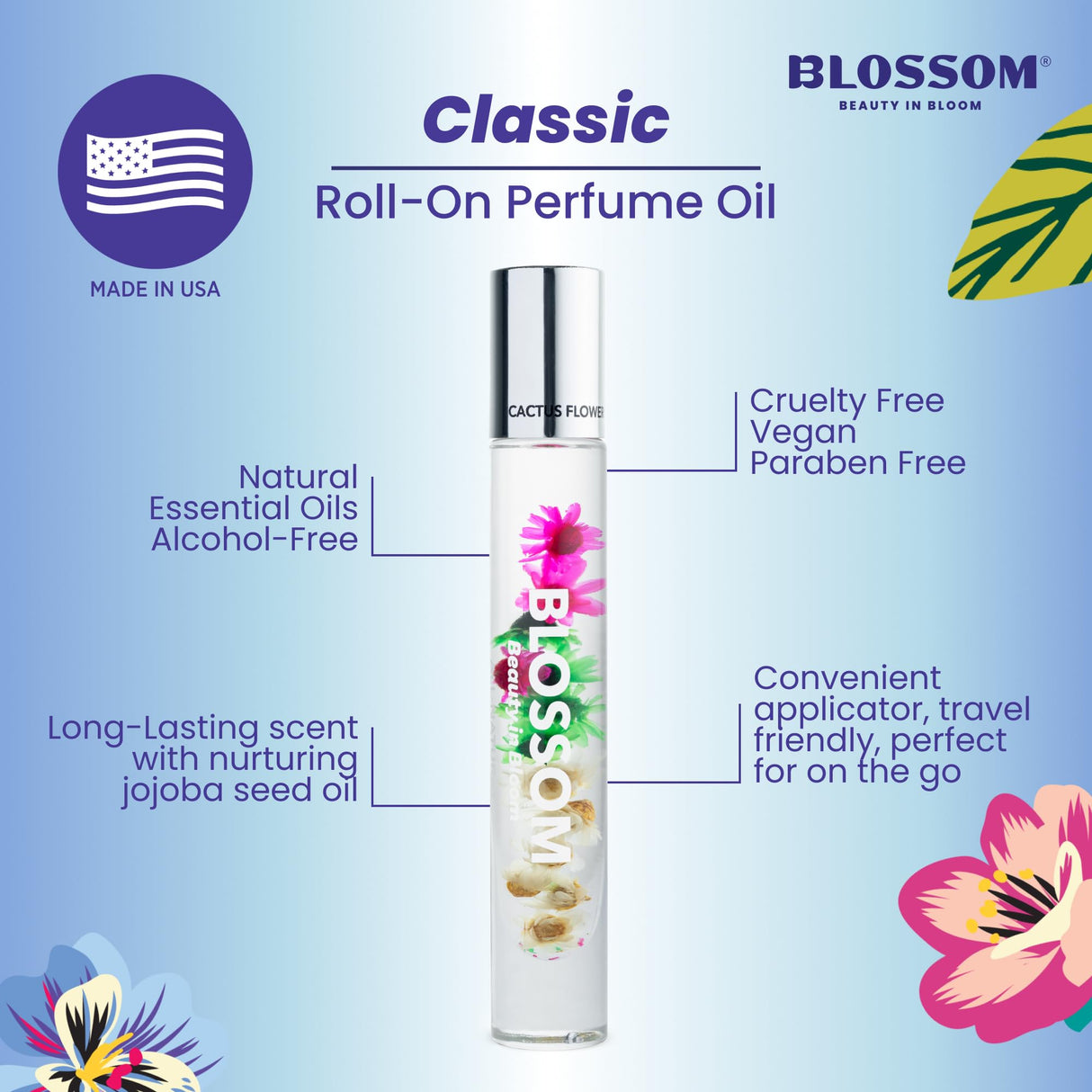 Blossom Roll on Perfume Oil for Women, Alcohol Free Rollerball Perfume with Essential Oil, Infused with Real Flowers, Made in USA, 0.20 oz (Lemon, Bergamot, Violet, White Musk), Cactus Flower