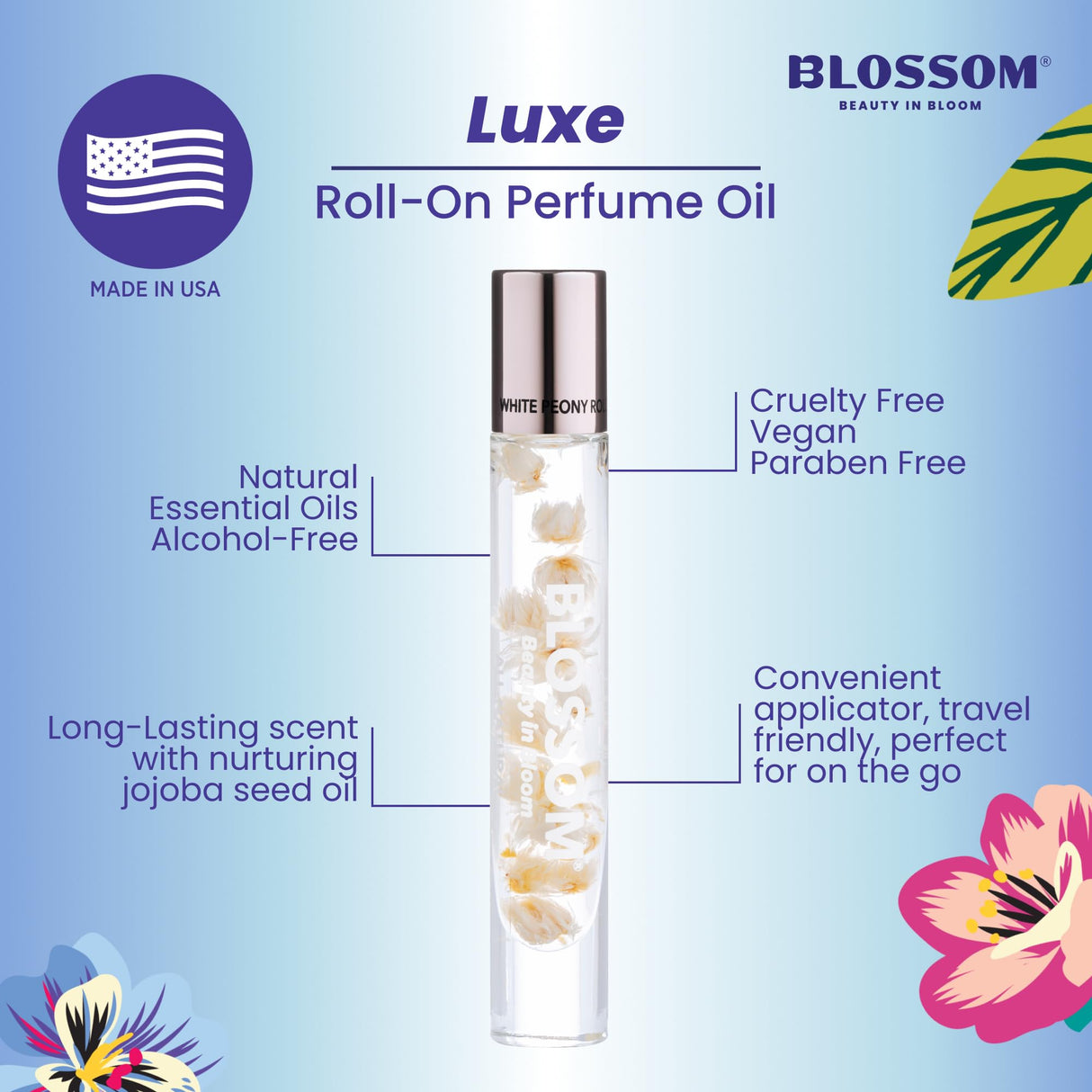 Blossom Roll on Perfume Oil for Women, Alcohol Free Rollerball Perfume with Essential Oil, Infused with Real Flowers, Made in USA, 0.20 oz (Lemon, Bergamot, Violet, White Musk), Cactus Flower