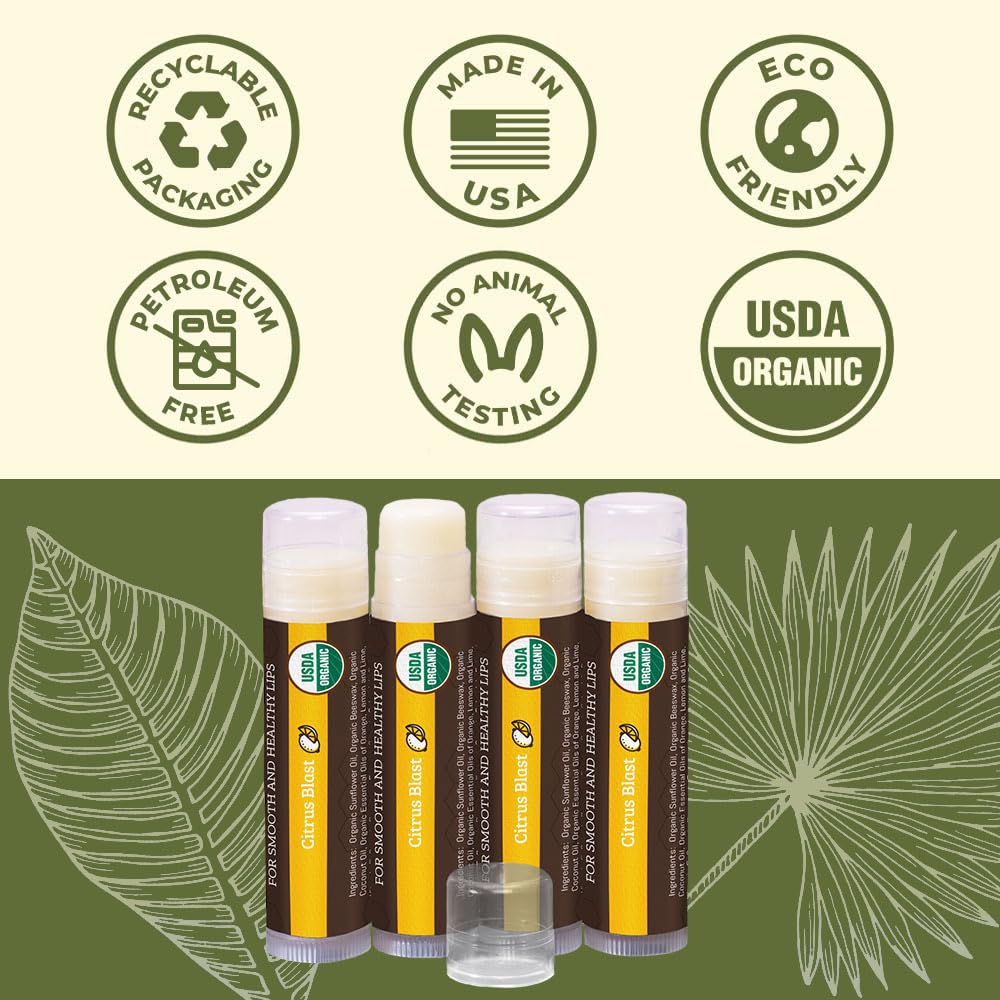 USDA Organic Lip Balm 6-Pack by Earth's Daughter Stocking Stuffers - Fruit Flavors, Beeswax, Coconut Oil, Vitamin E - Best Lip Repair Chapstick for Dry Cracked Lips - Moisturizing Lip Care