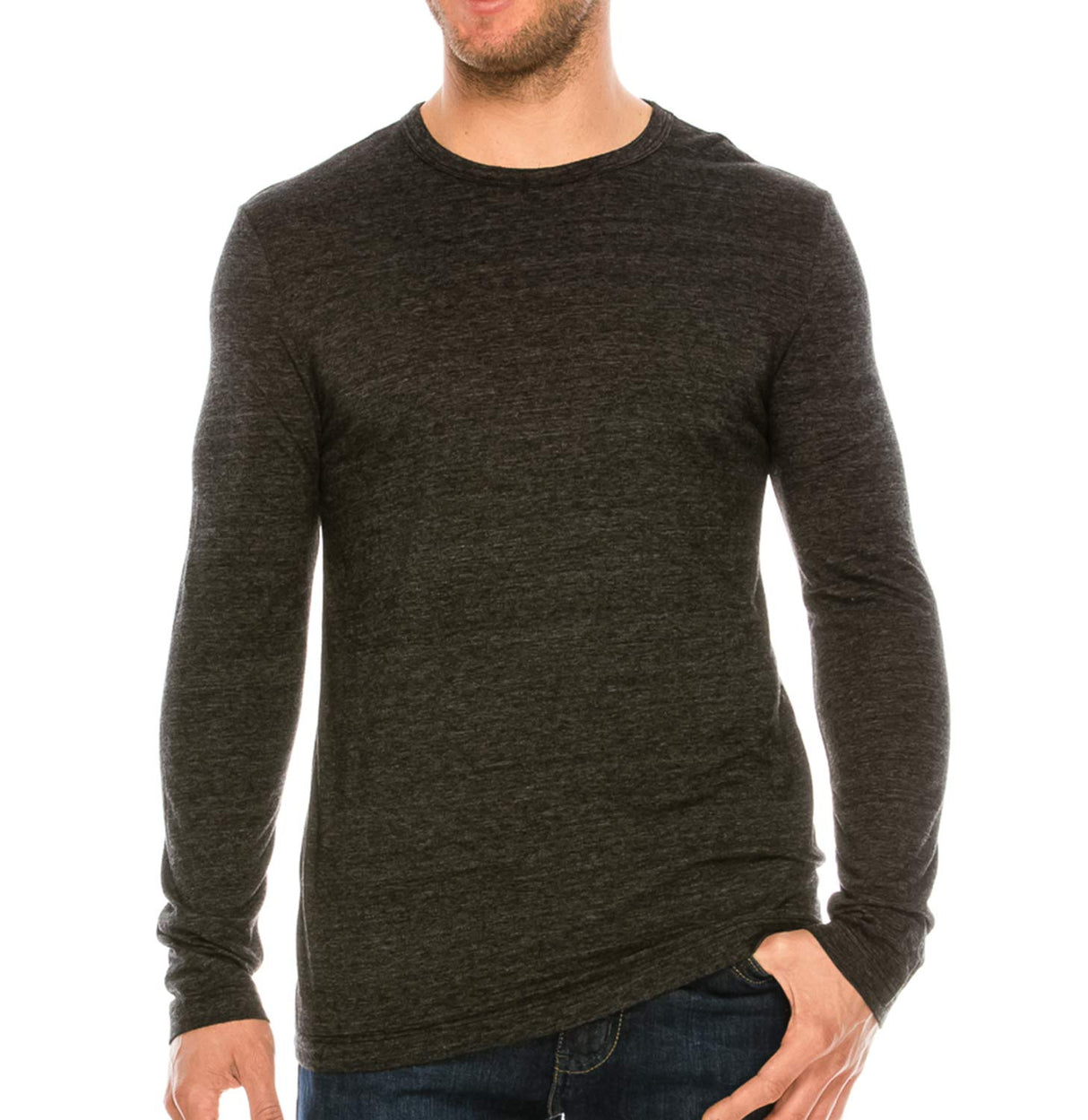 YURO-K Men's Binded Neck Premium Tri-Blend Classic Long Sleeve Crew Neck T-Shirt S-XX Large