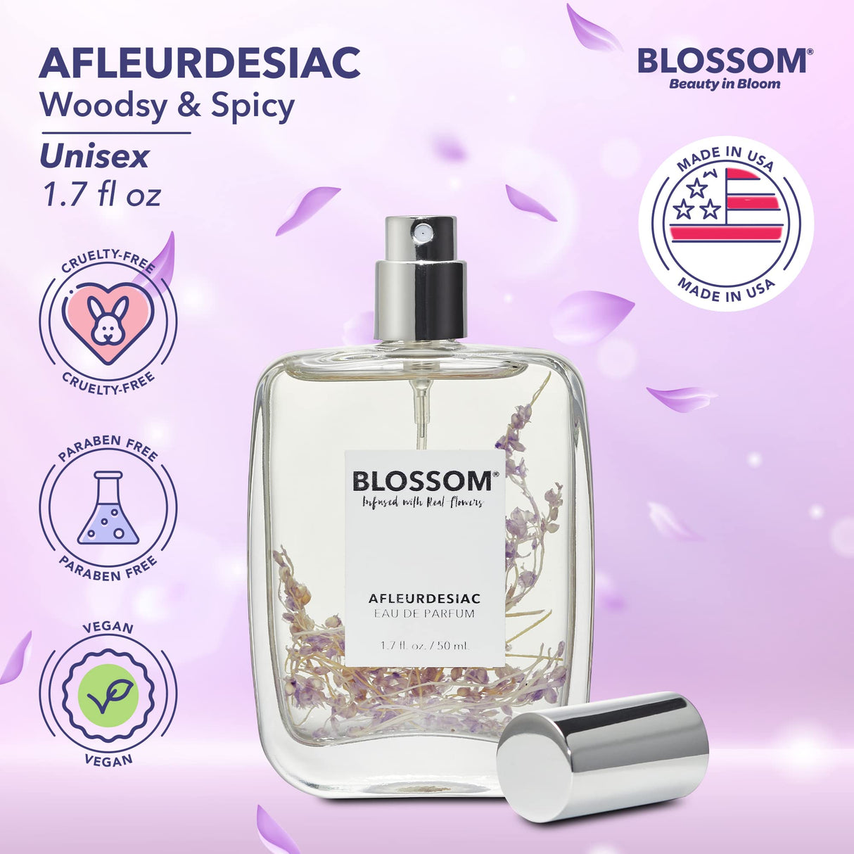 Blossom Unisex Eau De Parfum, Cruelty Free and Vegan Fragrance, Plant-based Perfume Spray, Infused with Real Flowers, Made in USA, 1.7oz, (White Calla Lily, Grapefruit, Sundrenched Flowers), Slay