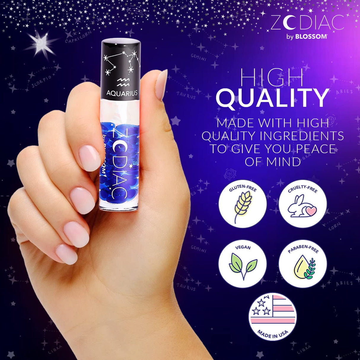 Blossom Zodiac Sign Roll-On Lip Gloss, Vanilla Scented + Moisturizing with Crystals, Made in USA, 0.20 fl. oz./5.9ml, Aquarius