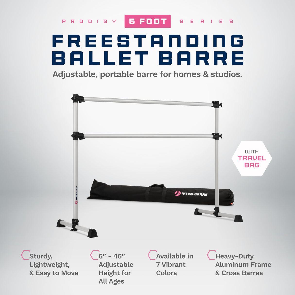 VITA Barre Portable Freestanding Double Ballet Barre, Prodigy, with Carry Bag | Adjustable Height, USA Made, Home or Gym Exercise Equipment for Kids & Adults | Dance, Fitness, Pilates