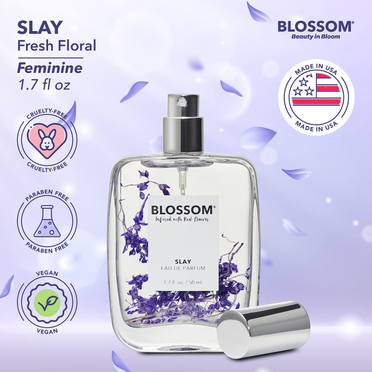 Blossom Unisex Eau De Parfum, Cruelty Free and Vegan Fragrance, Plant-based Perfume Spray, Infused with Real Flowers, Made in USA, 1.7oz, (White Calla Lily, Grapefruit, Sundrenched Flowers), Slay