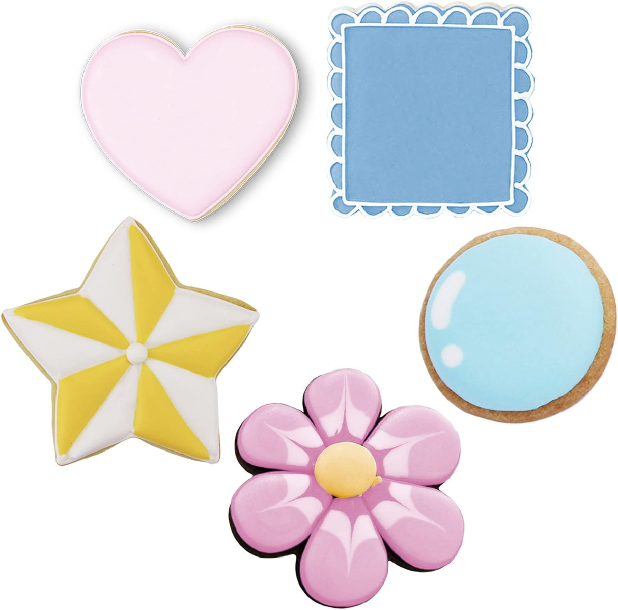 Basic Cookie Cutters 5-Pc. Set Made in USA by Ann Clark, Star, Heart, Circle, Square, Flower