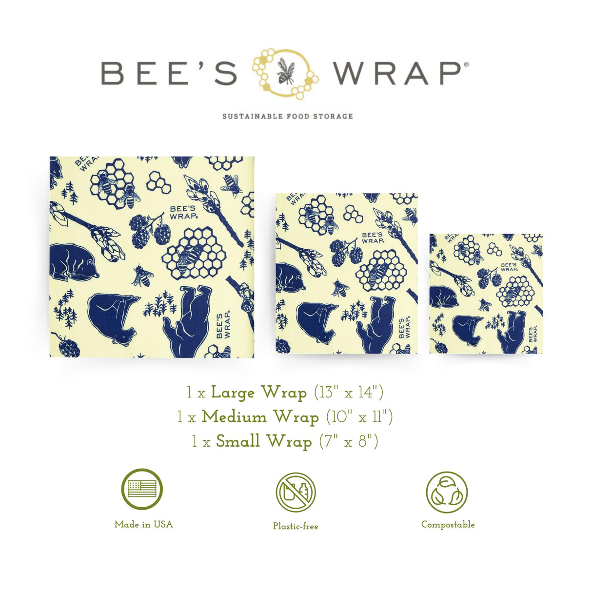 Bee's Wrap Reusable Beeswax Food Wraps Made in The USA, Eco Friendly Beeswax Wraps for Food, Sustainable Food Storage Containers, Organic Cotton Food Wraps, Assorted 3 Pack (S, M, L), Honeycomb