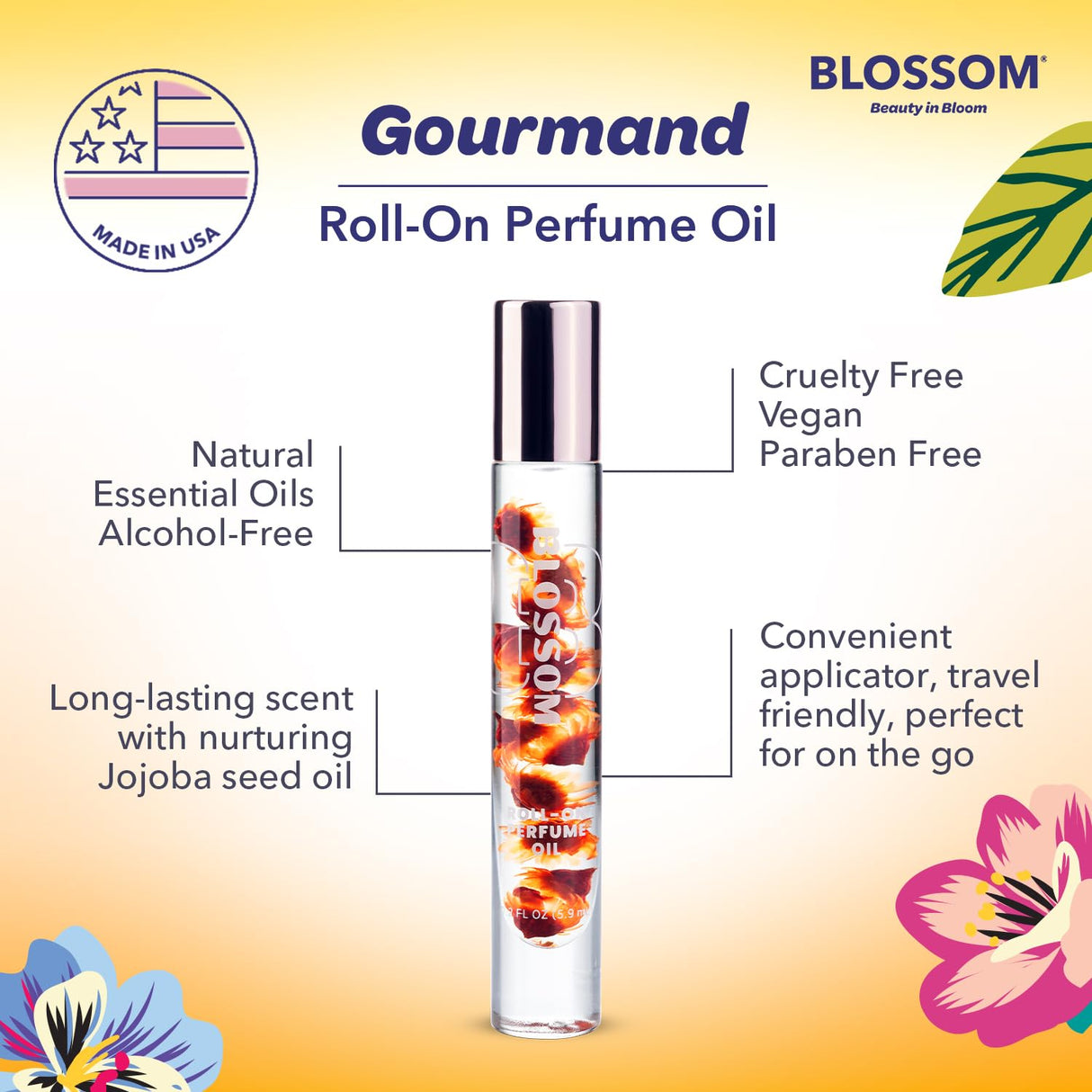 Blossom Roll on Perfume Oil for Women, Alcohol Free Rollerball Perfume with Essential Oil, Infused with Real Flowers, Made in USA, 0.20 oz (Lemon, Bergamot, Violet, White Musk), Cactus Flower