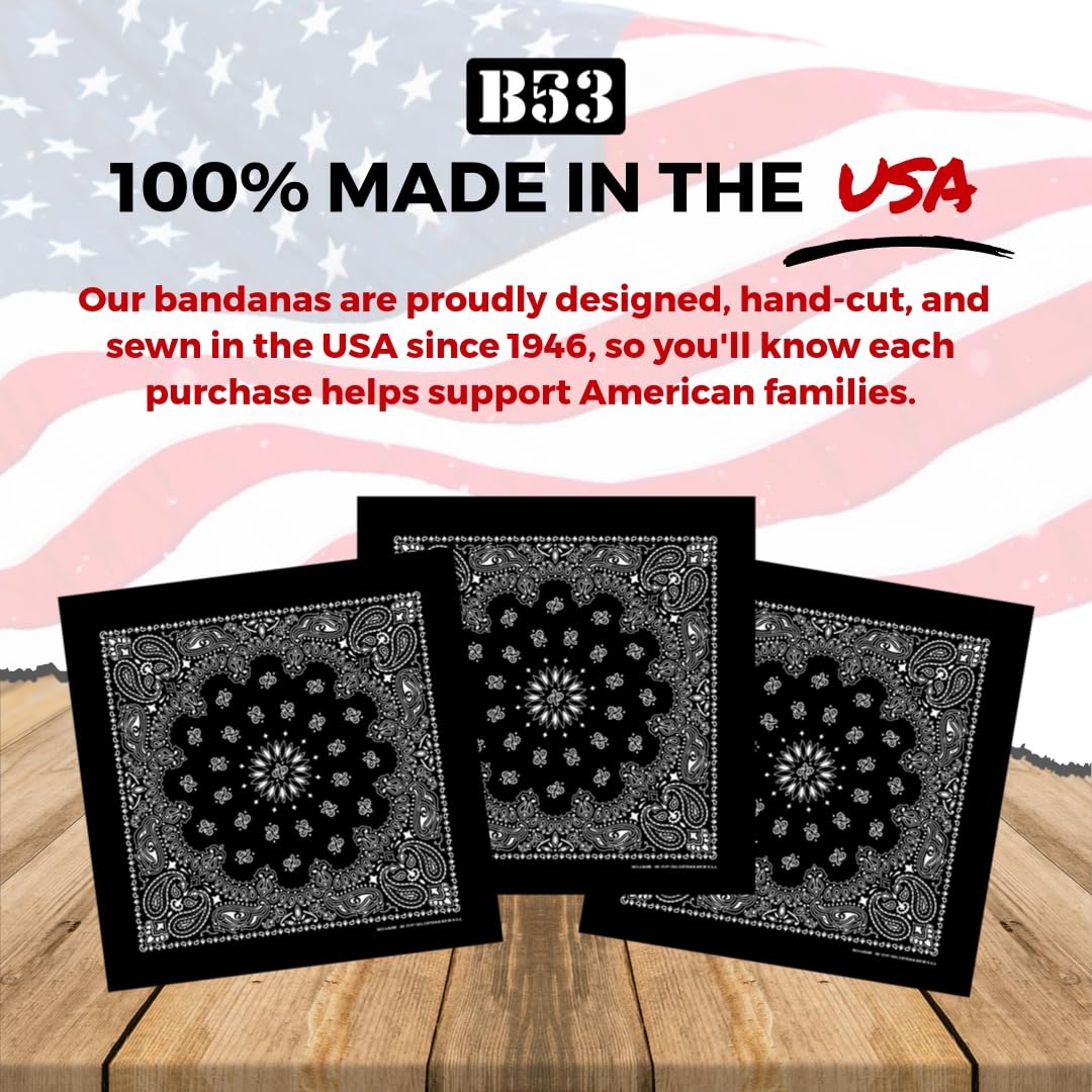 B53 100% Cotton Paisley Bandanas Made in the USA - Stylish Headband, Handkerchief, Scarf - 21 inch x 21 inch