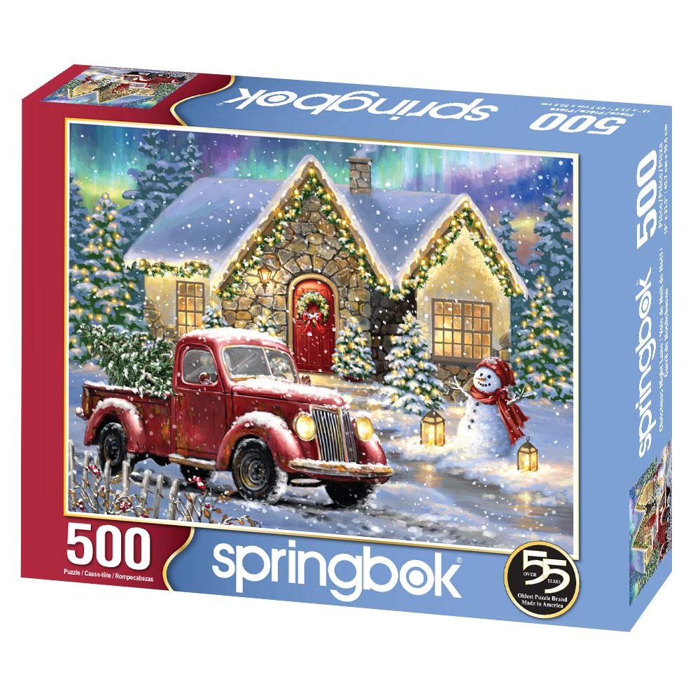 Springbok Christmas Night Lane 500 Piece Jigsaw Puzzle- Perfect for Holiday Family Game Nights- Multicolor Winter Scene with Snowman and Classic Red Truck
