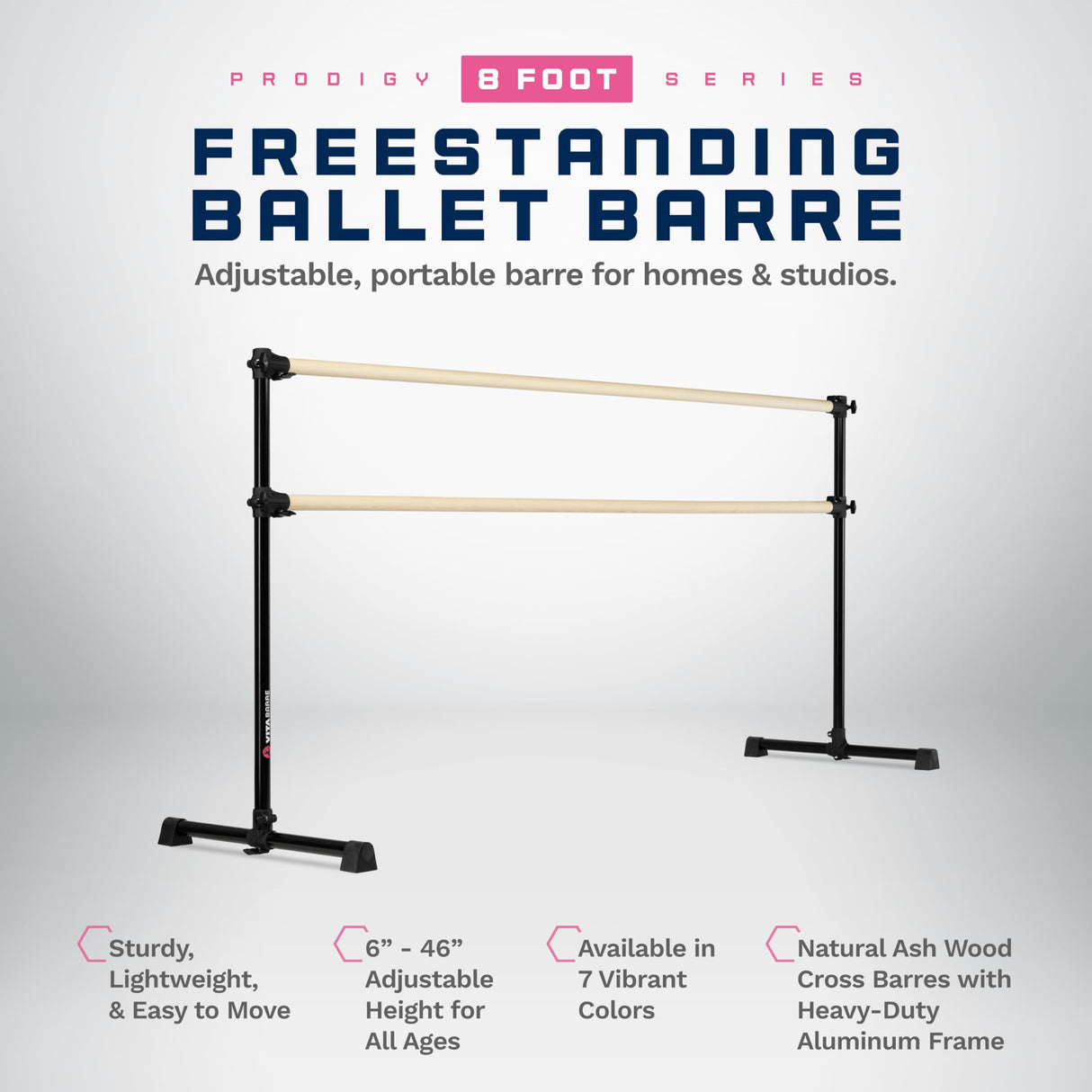 VITA Barre Portable Freestanding Double Ballet Barre, Prodigy, Wood | Adjustable Height, USA Made, Home or Gym Exercise Equipment for Kids & Adults | Dance, Fitness, Pilates