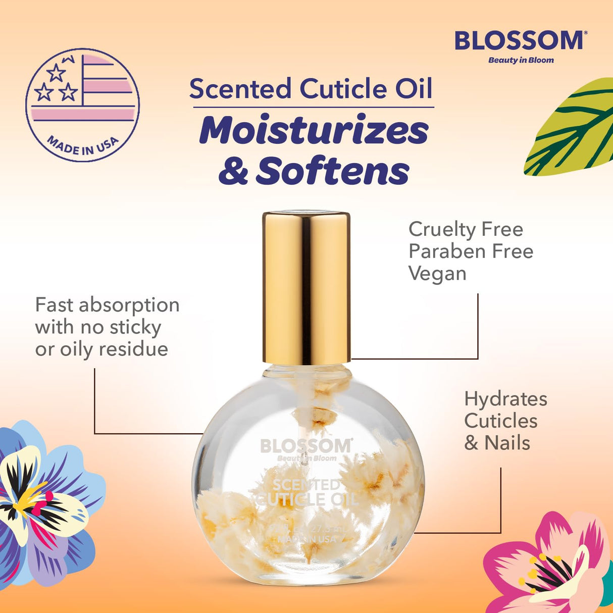 Blossom Scented Cuticle Oil, Infused with Real Flowers, Hydrating, Moisturizing, Strengthening, Made in USA, 0.5 fl. oz, Amazon Exclusive, Watermelon