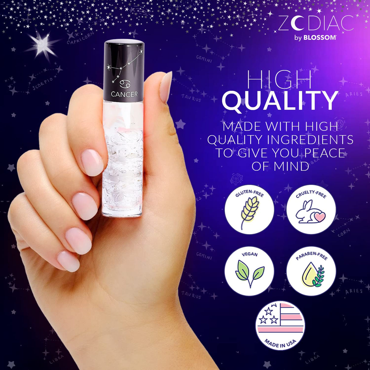 Blossom Zodiac Sign Roll-On Lip Gloss, Vanilla Scented + Moisturizing with Crystals, Made in USA, 0.20 fl. oz./5.9ml, Aquarius